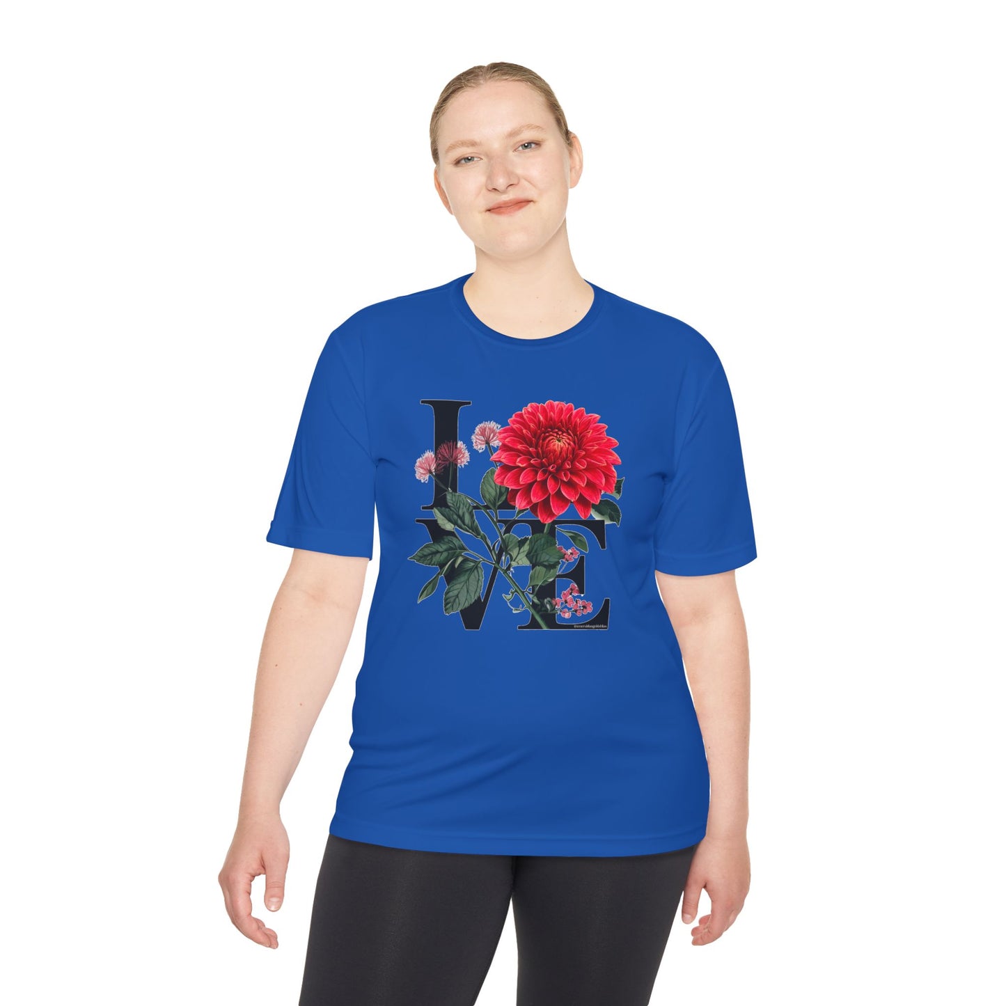 Loves Blossom Dahlia Big Red Bloom on Unisex Sportek Moisture Wicking Polyester Tee
