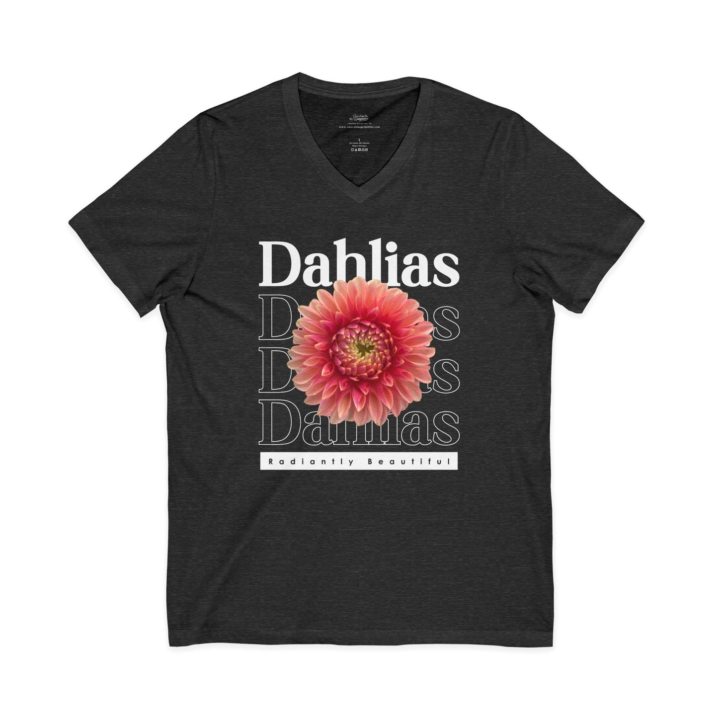 Dahlias Radiantly Beautiful Unisex Jersey Short Sleeve V-Neck Tee San Serif Script Style Peach Bloom