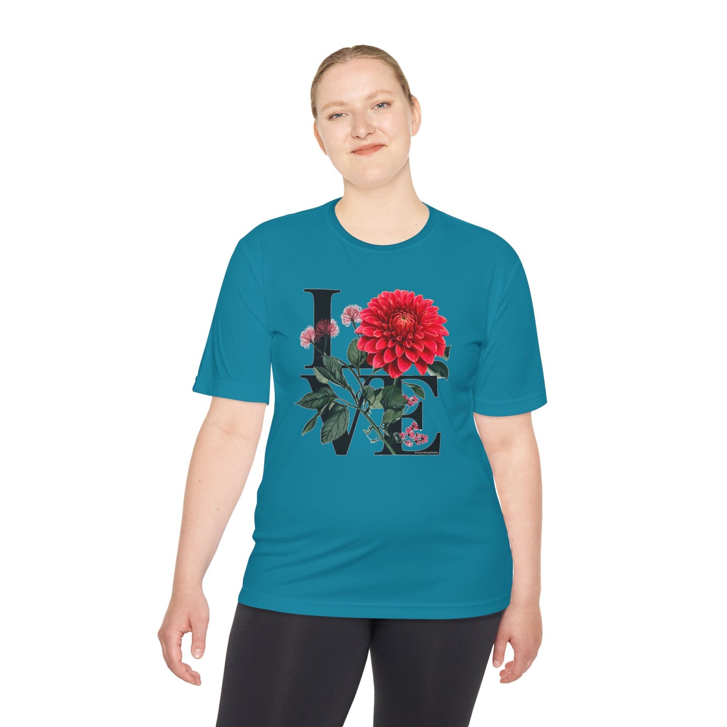 Loves Blossom Dahlia Big Red Bloom on Unisex Sportek Moisture Wicking Polyester Tee