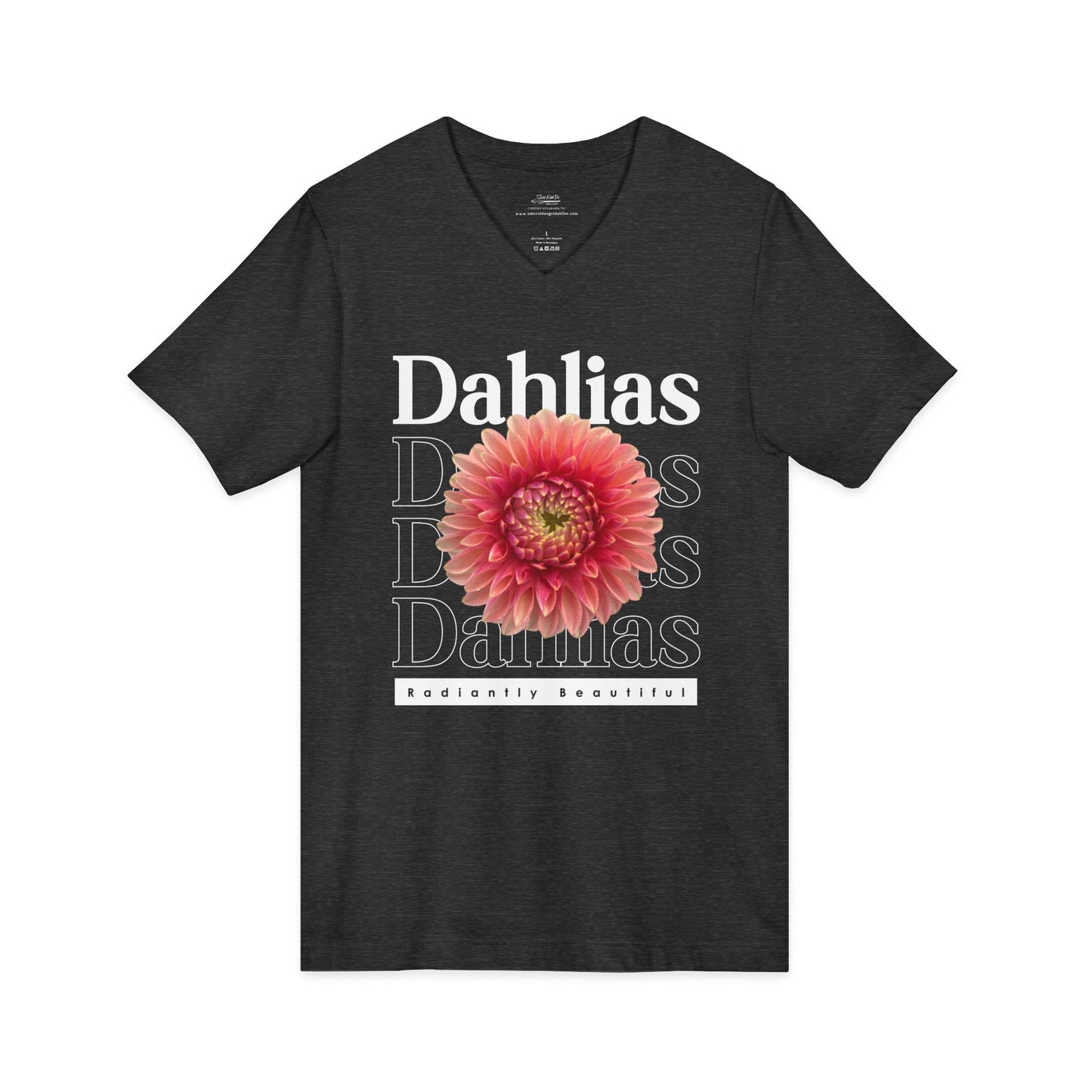Dahlias Radiantly Beautiful Unisex Jersey Short Sleeve V-Neck Tee San Serif Script Style Peach Bloom