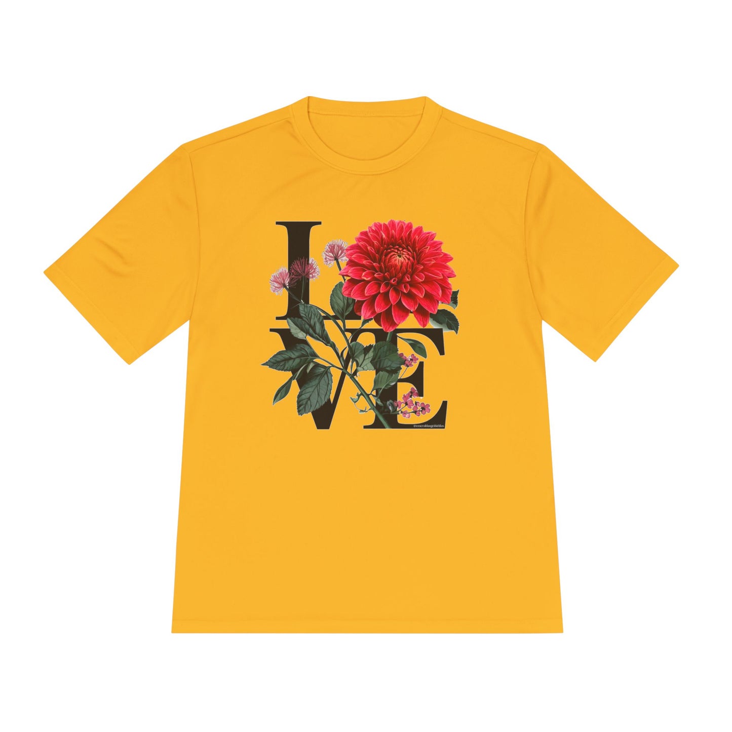 Loves Blossom Dahlia Big Red Bloom on Unisex Sportek Moisture Wicking Polyester Tee