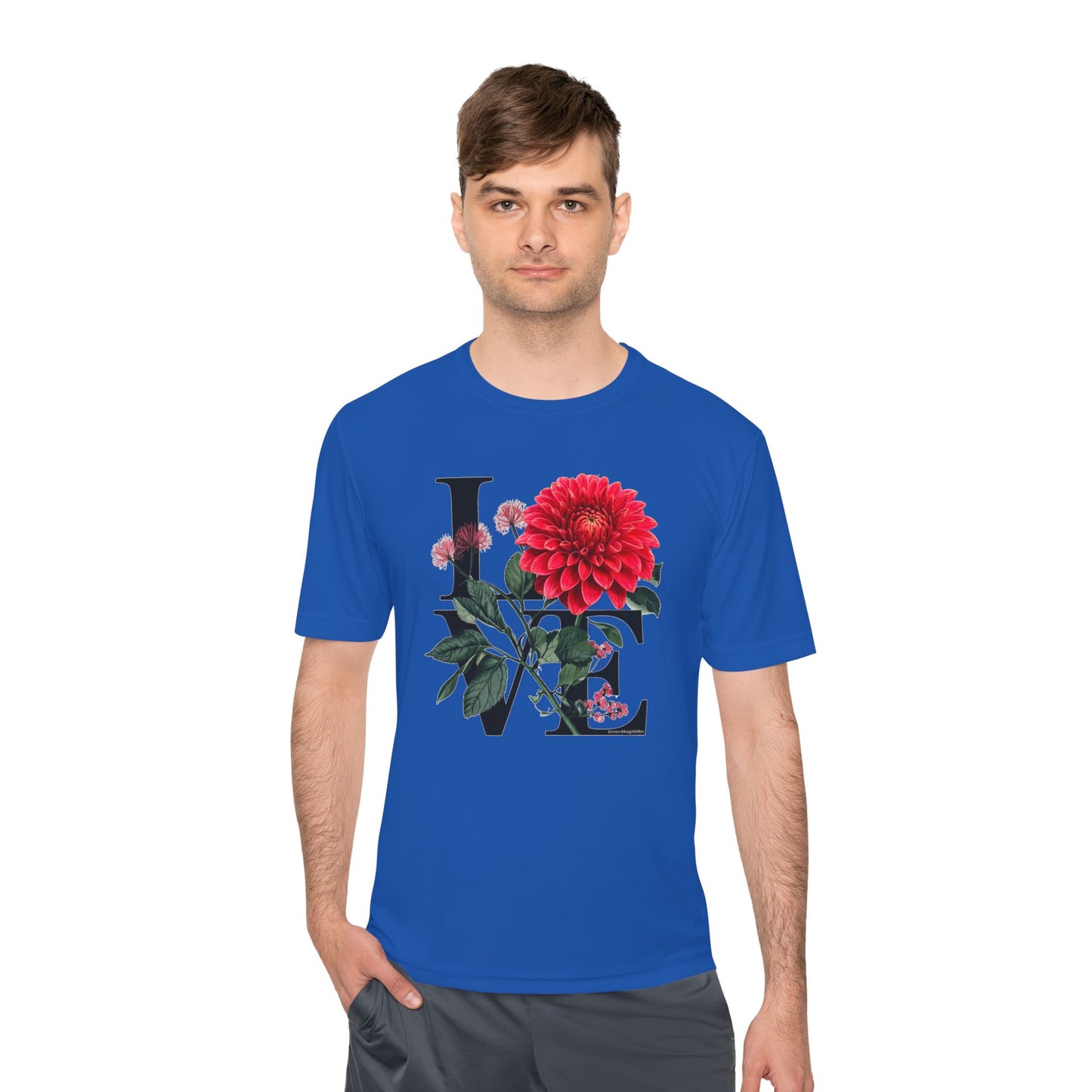 Loves Blossom Dahlia Big Red Bloom on Unisex Sportek Moisture Wicking Polyester Tee
