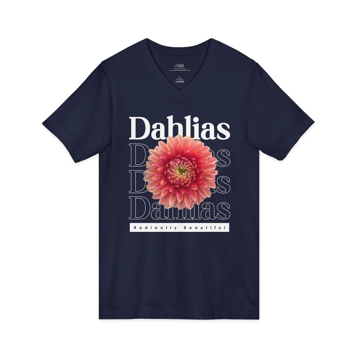 Dahlias Radiantly Beautiful Unisex Jersey Short Sleeve V-Neck Tee San Serif Script Style Peach Bloom