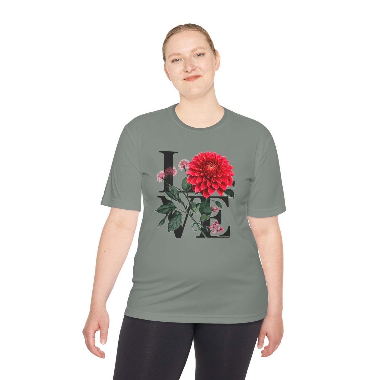 Loves Blossom Dahlia Big Red Bloom on Unisex Sportek Moisture Wicking Polyester Tee