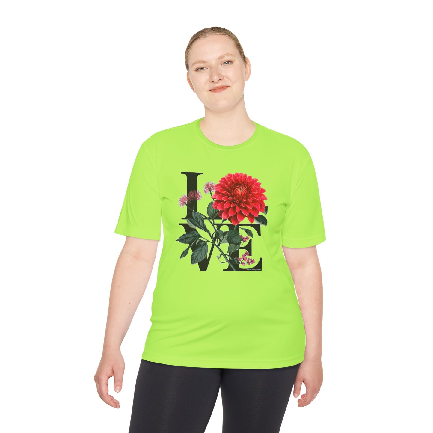 Loves Blossom Dahlia Big Red Bloom on Unisex Sportek Moisture Wicking Polyester Tee
