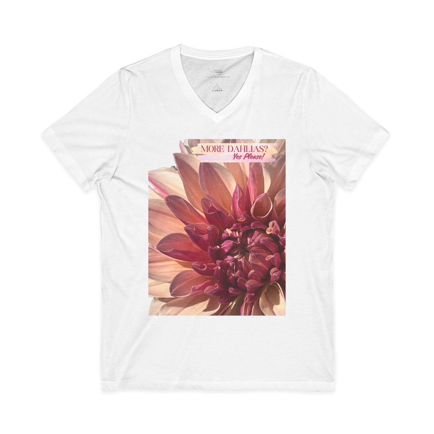 More Dahlias? Yes Please! Asymmetrical Shape to Design V-Neck Tee With Pink Bloom