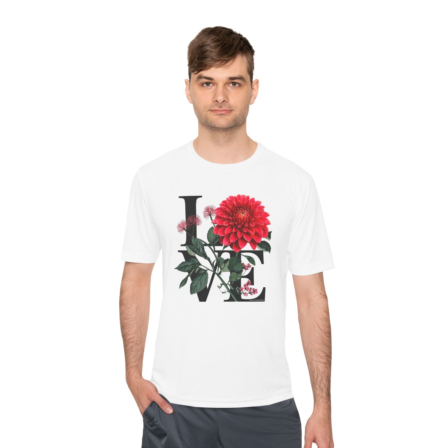 Loves Blossom Dahlia Big Red Bloom on Unisex Sportek Moisture Wicking Polyester Tee