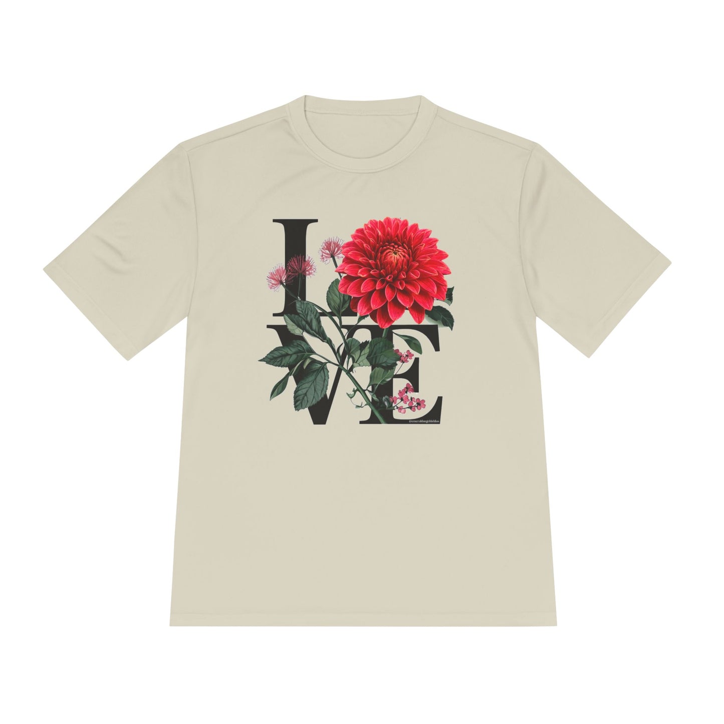 Loves Blossom Dahlia Big Red Bloom on Unisex Sportek Moisture Wicking Polyester Tee