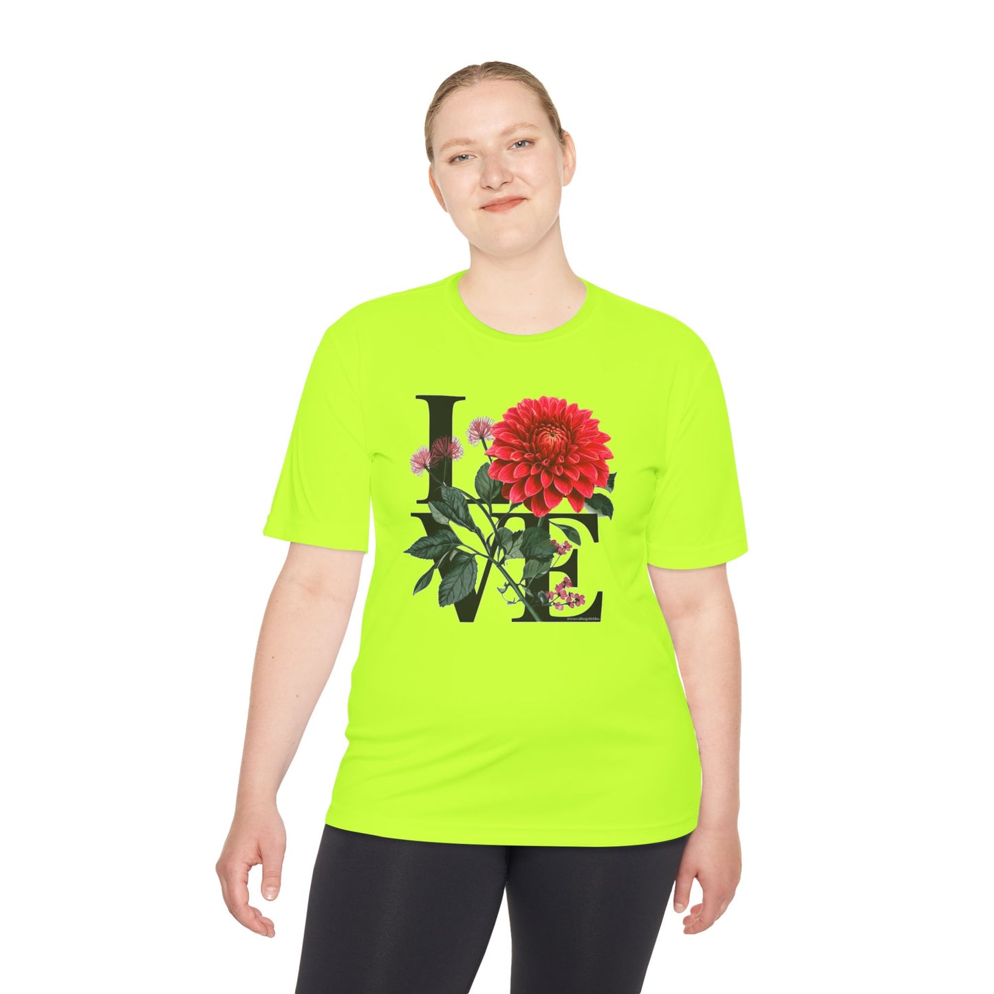 Loves Blossom Dahlia Big Red Bloom on Unisex Sportek Moisture Wicking Polyester Tee