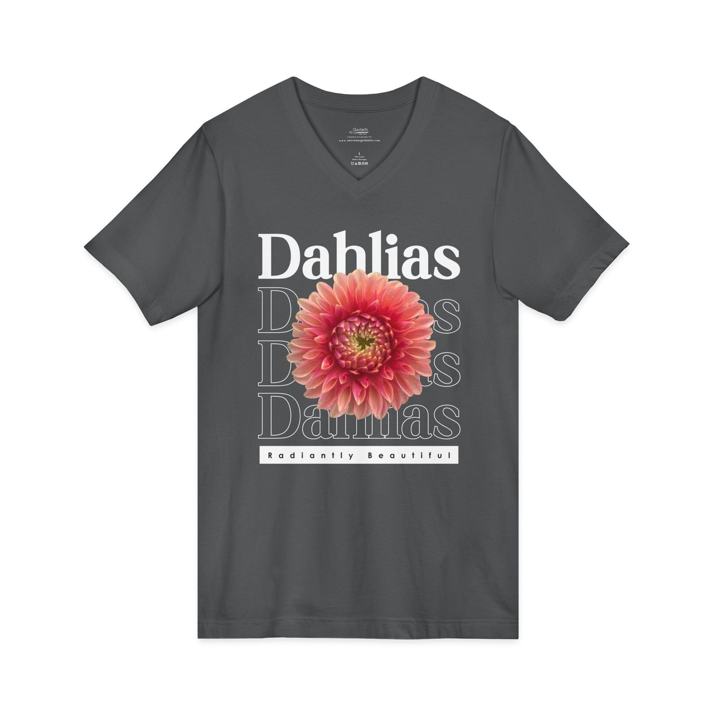 Dahlias Radiantly Beautiful Unisex Jersey Short Sleeve V-Neck Tee San Serif Script Style Peach Bloom