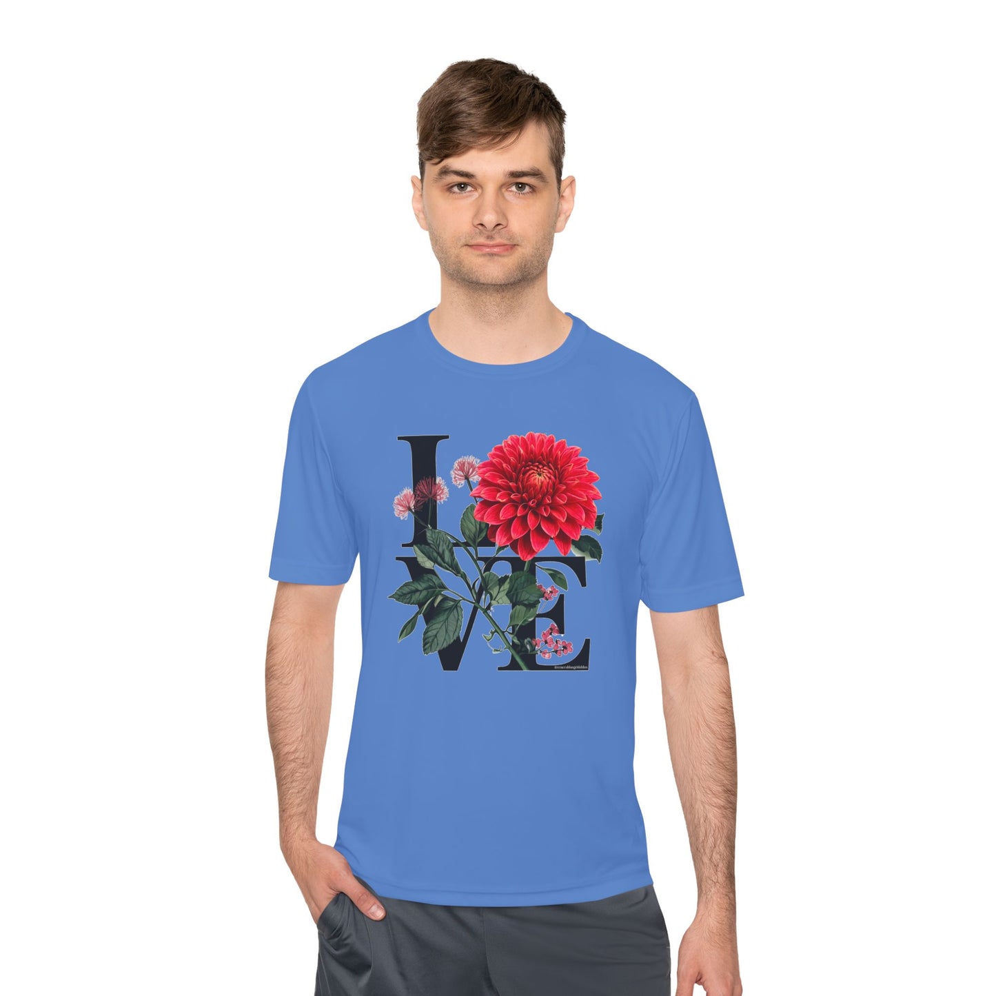 Loves Blossom Dahlia Big Red Bloom on Unisex Sportek Moisture Wicking Polyester Tee