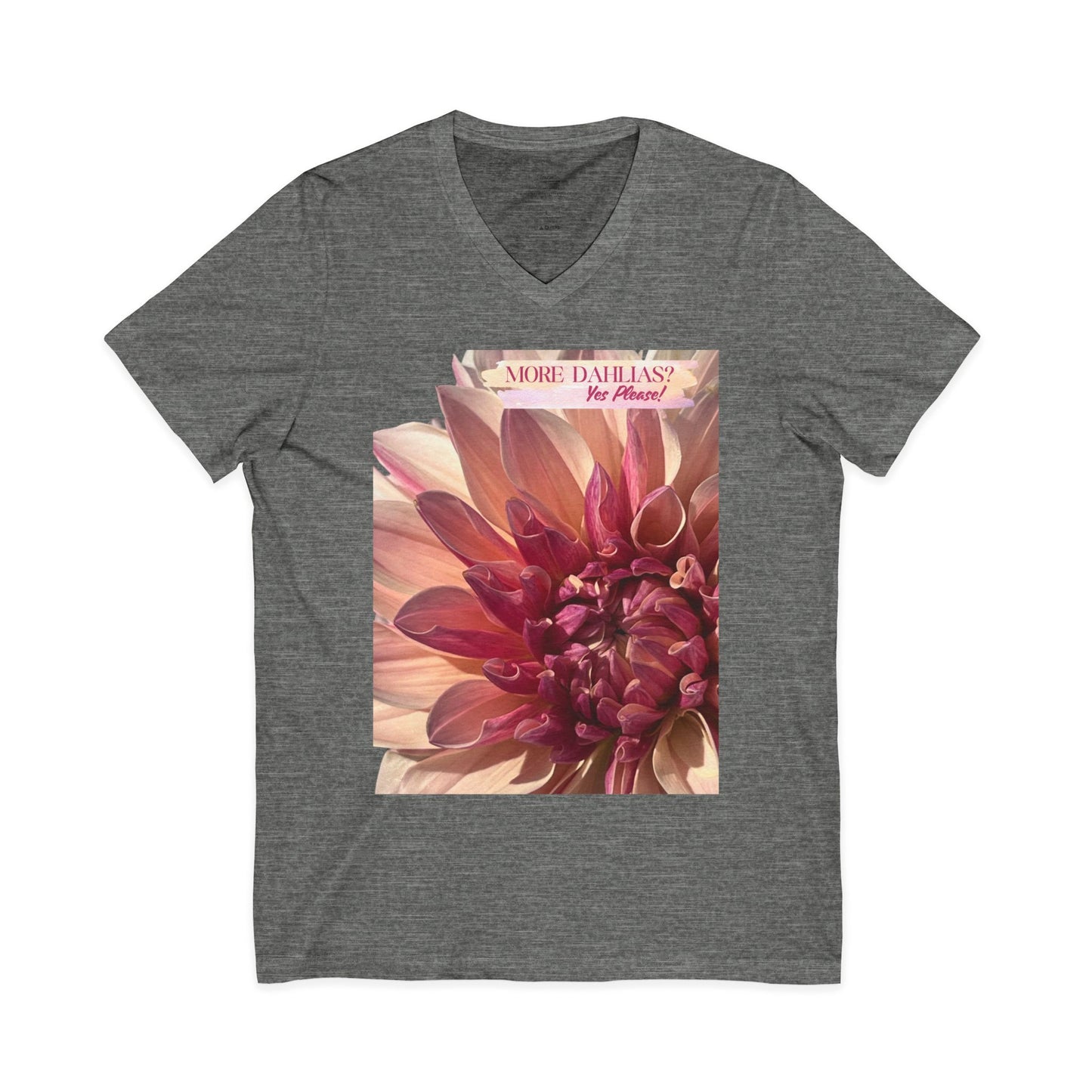 More Dahlias? Yes Please! Asymmetrical Shape to Design V-Neck Tee With Pink Bloom