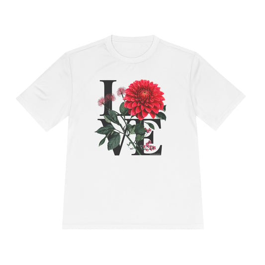 Loves Blossom Dahlia Big Red Bloom on Unisex Sportek Moisture Wicking Polyester Tee