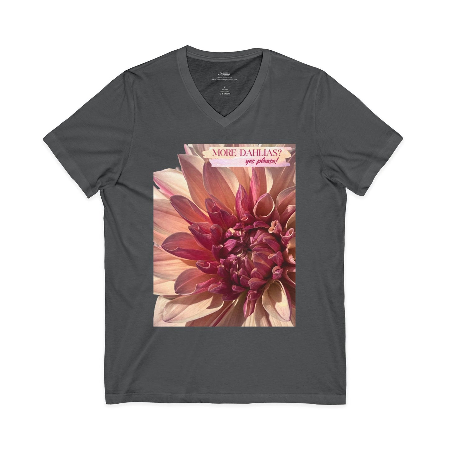More Dahlias? Yes Please! Asymmetrical Shape to Design V-Neck Tee With Pink Bloom