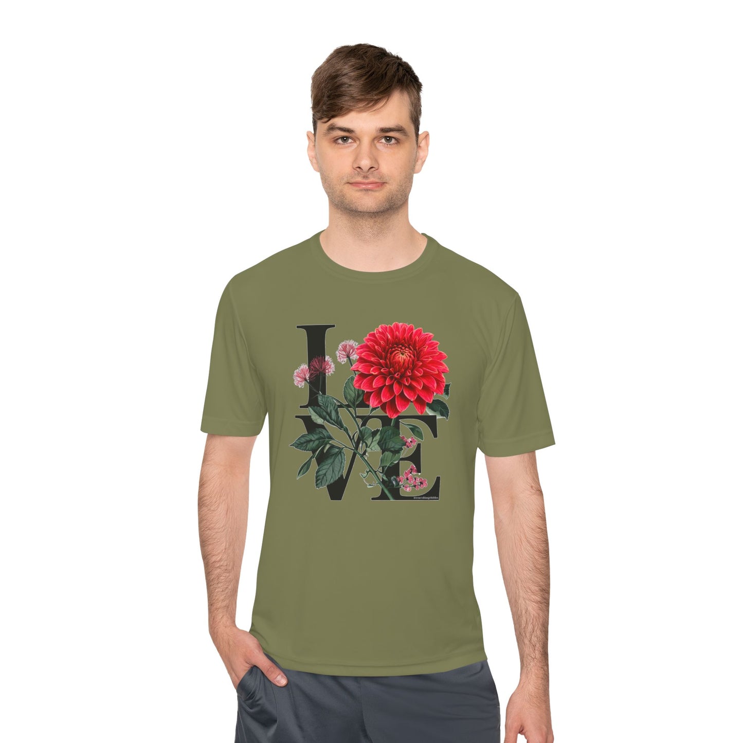 Loves Blossom Dahlia Big Red Bloom on Unisex Sportek Moisture Wicking Polyester Tee