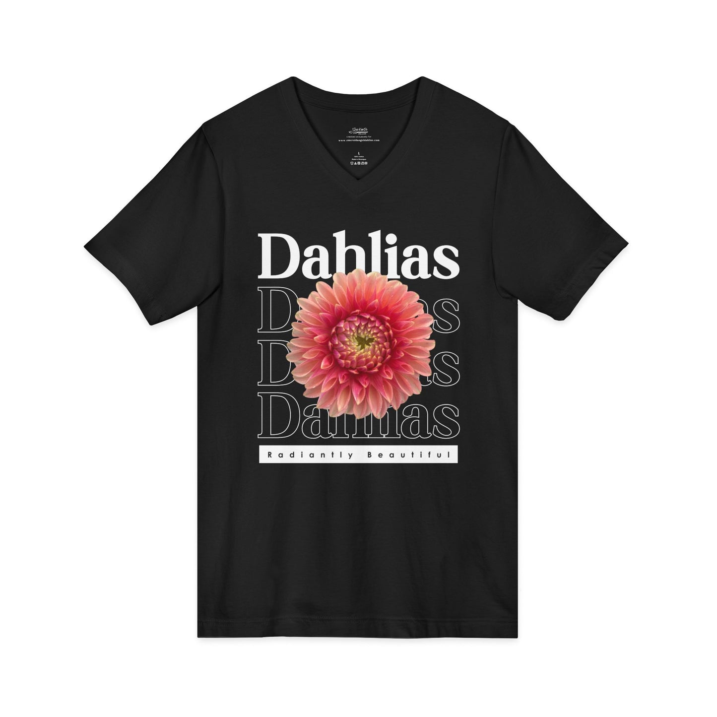 Dahlias Radiantly Beautiful Unisex Jersey Short Sleeve V-Neck Tee San Serif Script Style Peach Bloom