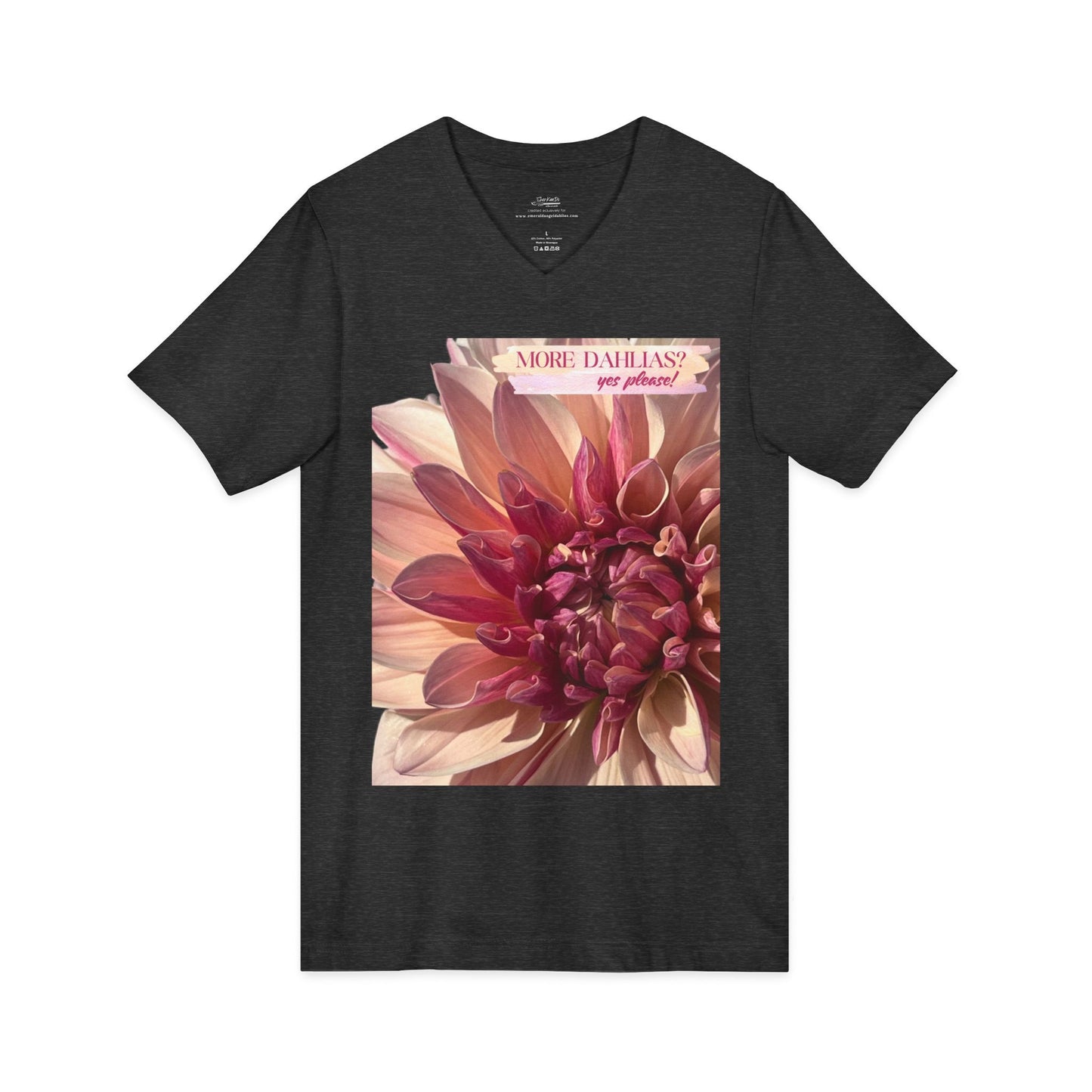 More Dahlias? Yes Please! Asymmetrical Shape to Design V-Neck Tee With Pink Bloom