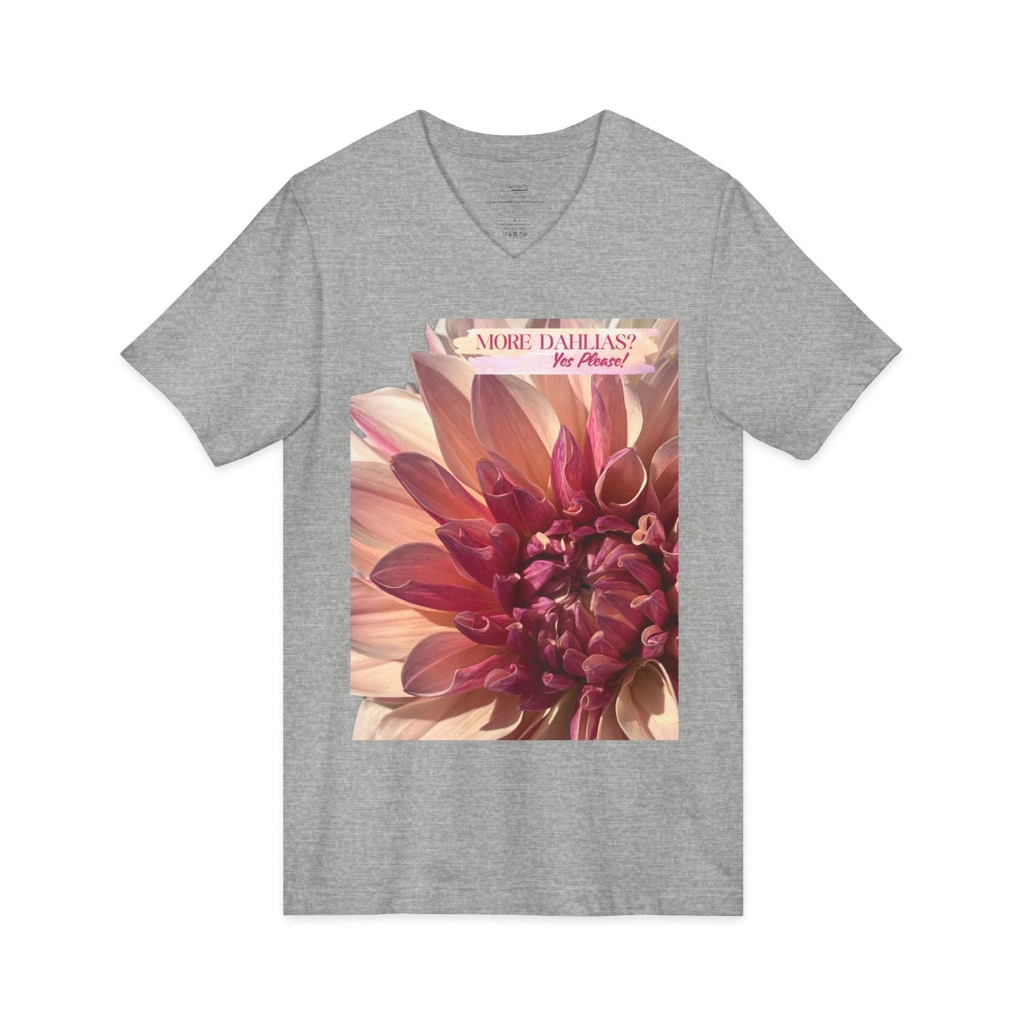 More Dahlias? Yes Please! Asymmetrical Shape to Design V-Neck Tee With Pink Bloom