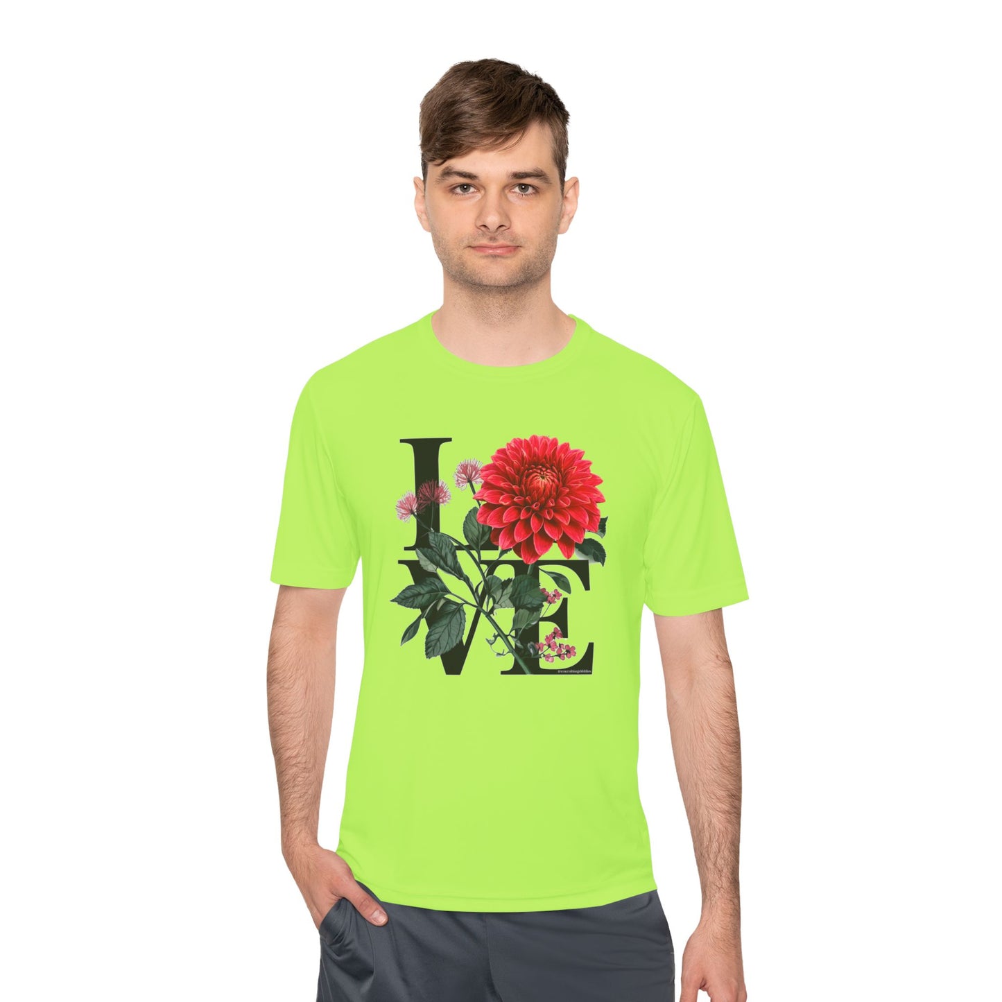 Loves Blossom Dahlia Big Red Bloom on Unisex Sportek Moisture Wicking Polyester Tee