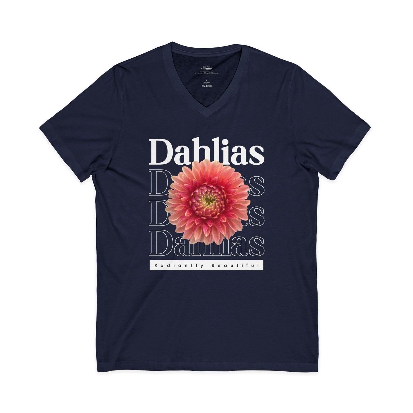 Dahlias Radiantly Beautiful Unisex Jersey Short Sleeve V-Neck Tee San Serif Script Style Peach Bloom
