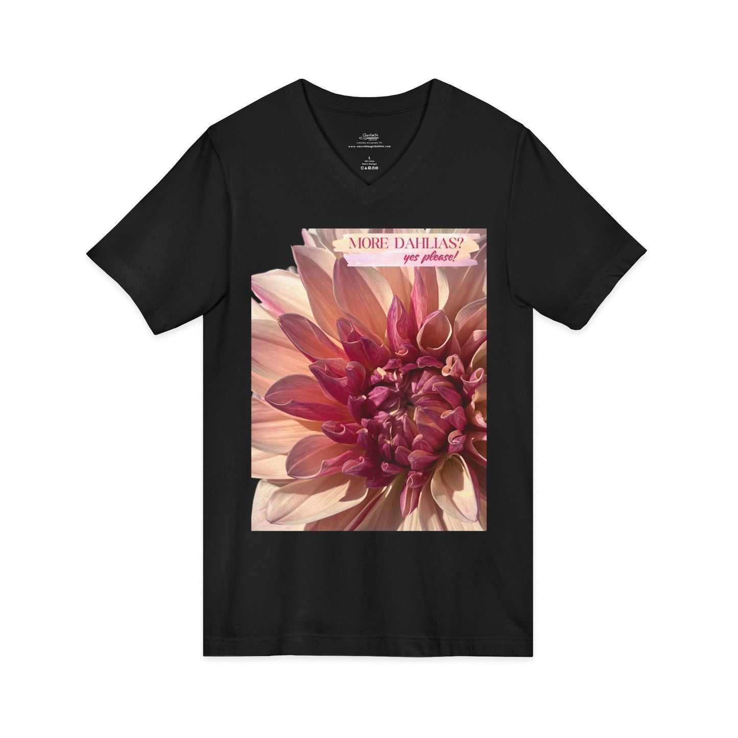 More Dahlias? Yes Please! Asymmetrical Shape to Design V-Neck Tee With Pink Bloom