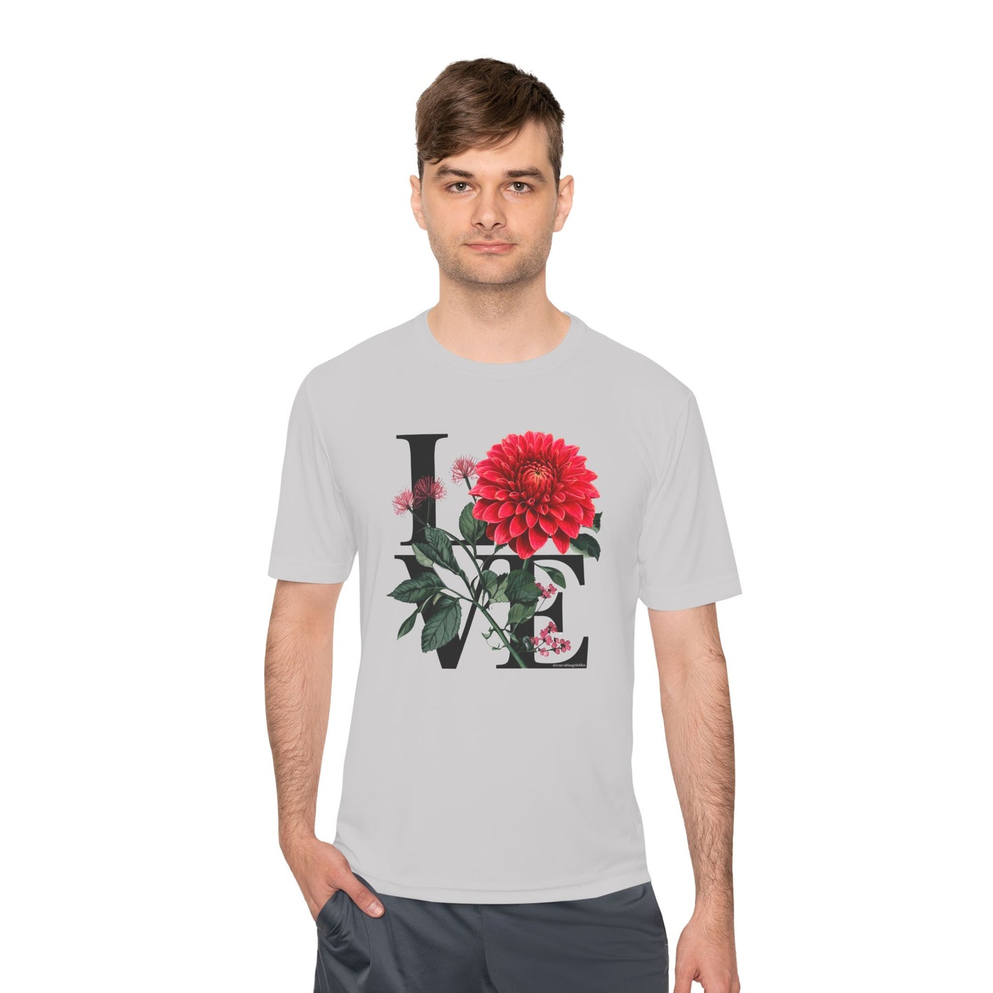 Loves Blossom Dahlia Big Red Bloom on Unisex Sportek Moisture Wicking Polyester Tee