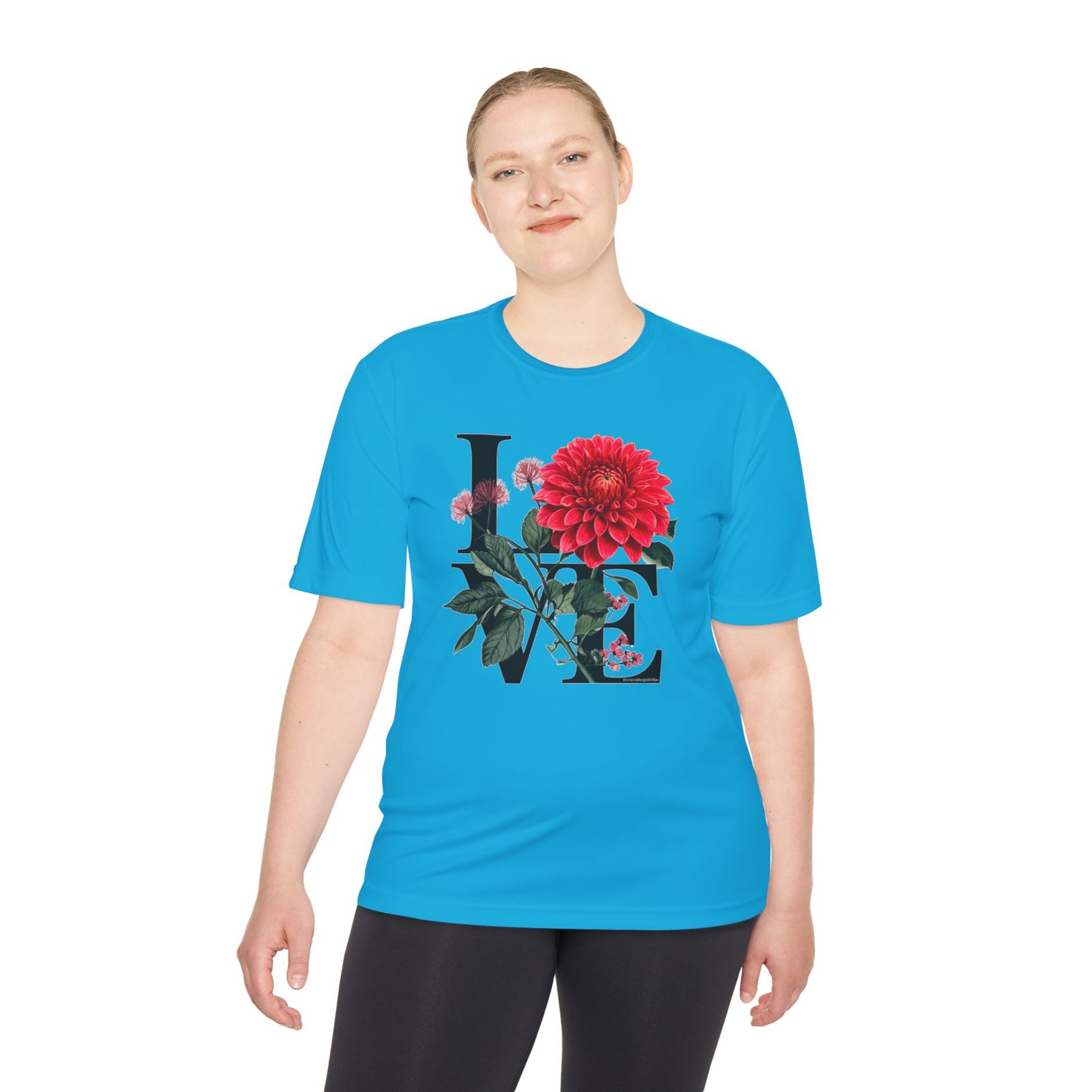Loves Blossom Dahlia Big Red Bloom on Unisex Sportek Moisture Wicking Polyester Tee