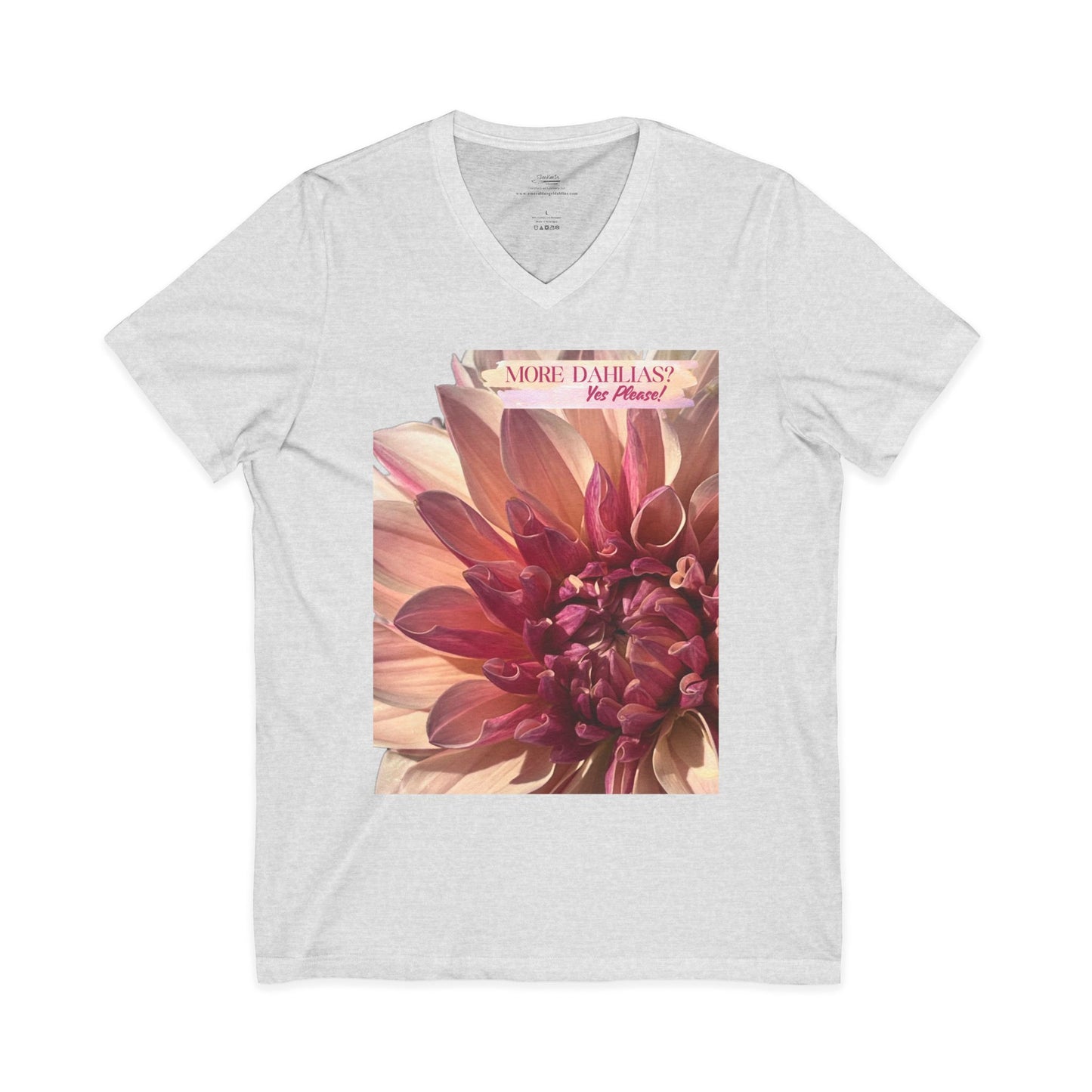 More Dahlias? Yes Please! Asymmetrical Shape to Design V-Neck Tee With Pink Bloom