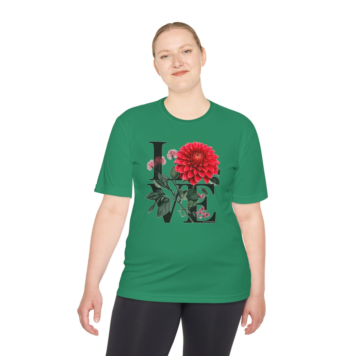 Loves Blossom Dahlia Big Red Bloom on Unisex Sportek Moisture Wicking Polyester Tee