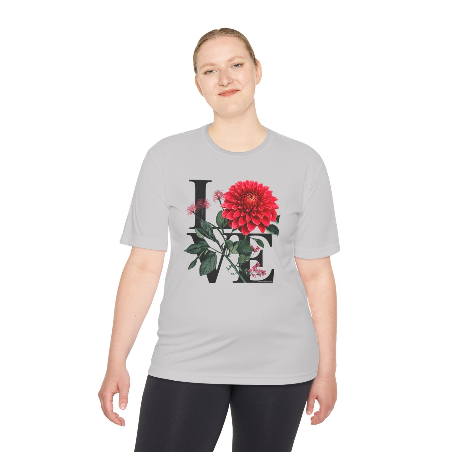 Loves Blossom Dahlia Big Red Bloom on Unisex Sportek Moisture Wicking Polyester Tee