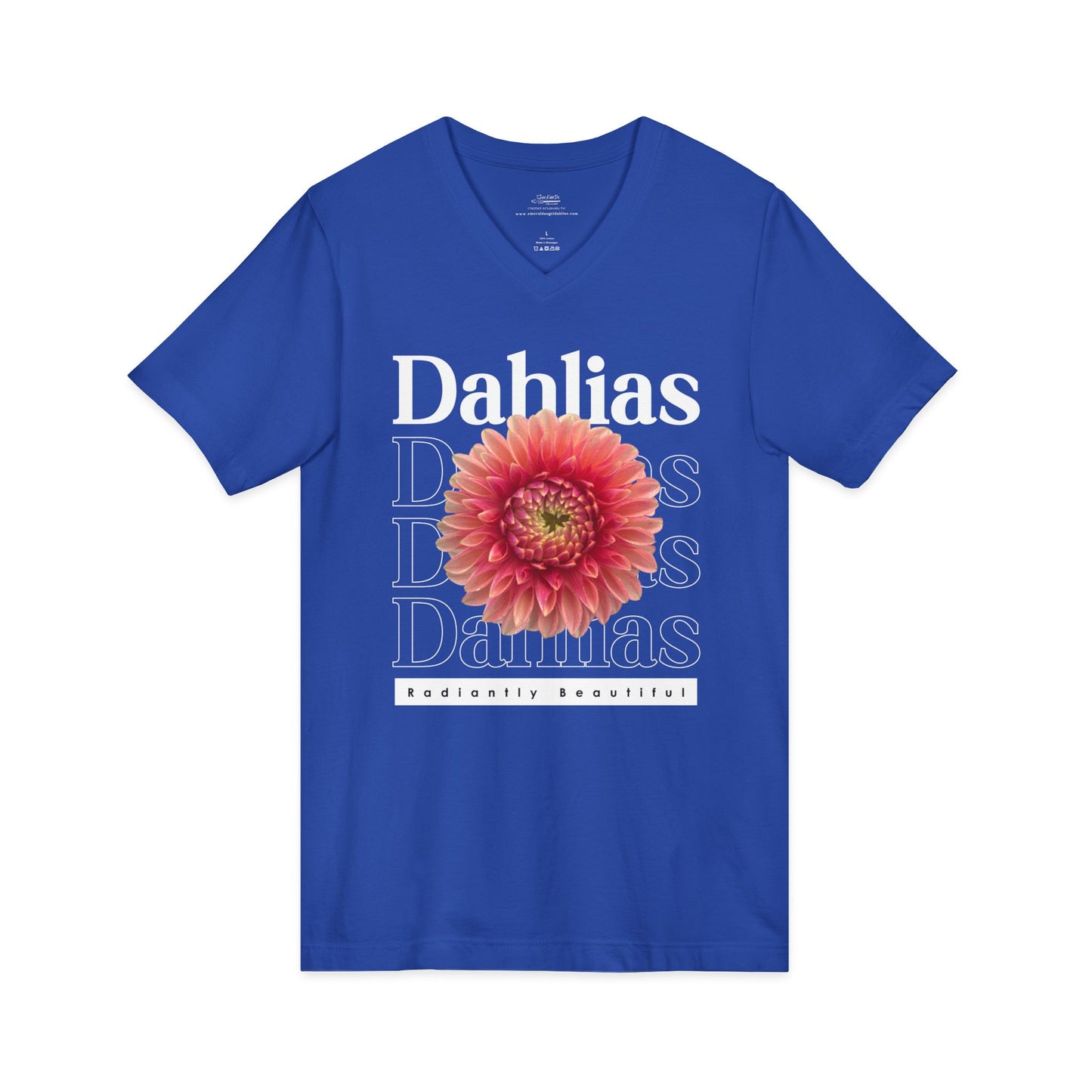 Dahlias Radiantly Beautiful Unisex Jersey Short Sleeve V-Neck Tee San Serif Script Style Peach Bloom