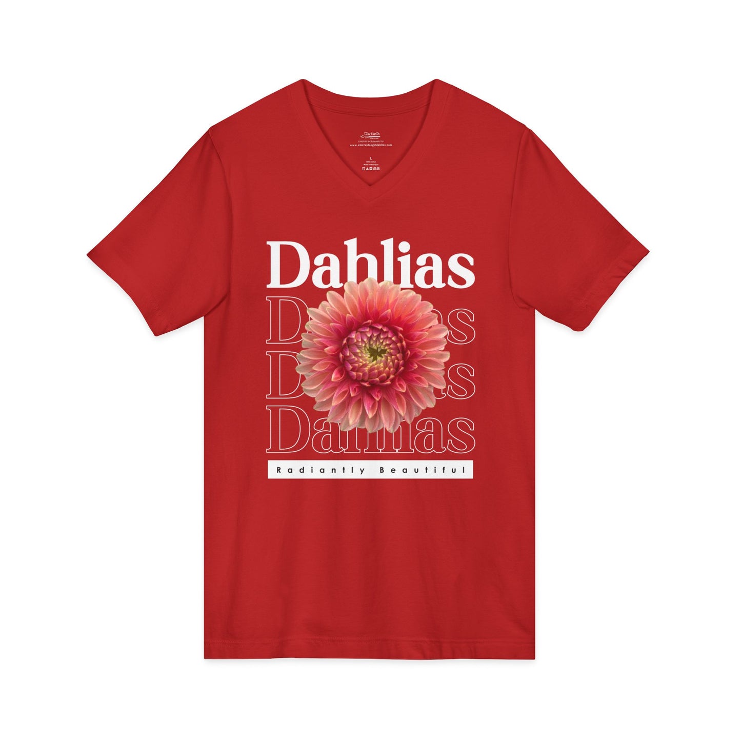 Dahlias Radiantly Beautiful Unisex Jersey Short Sleeve V-Neck Tee San Serif Script Style Peach Bloom