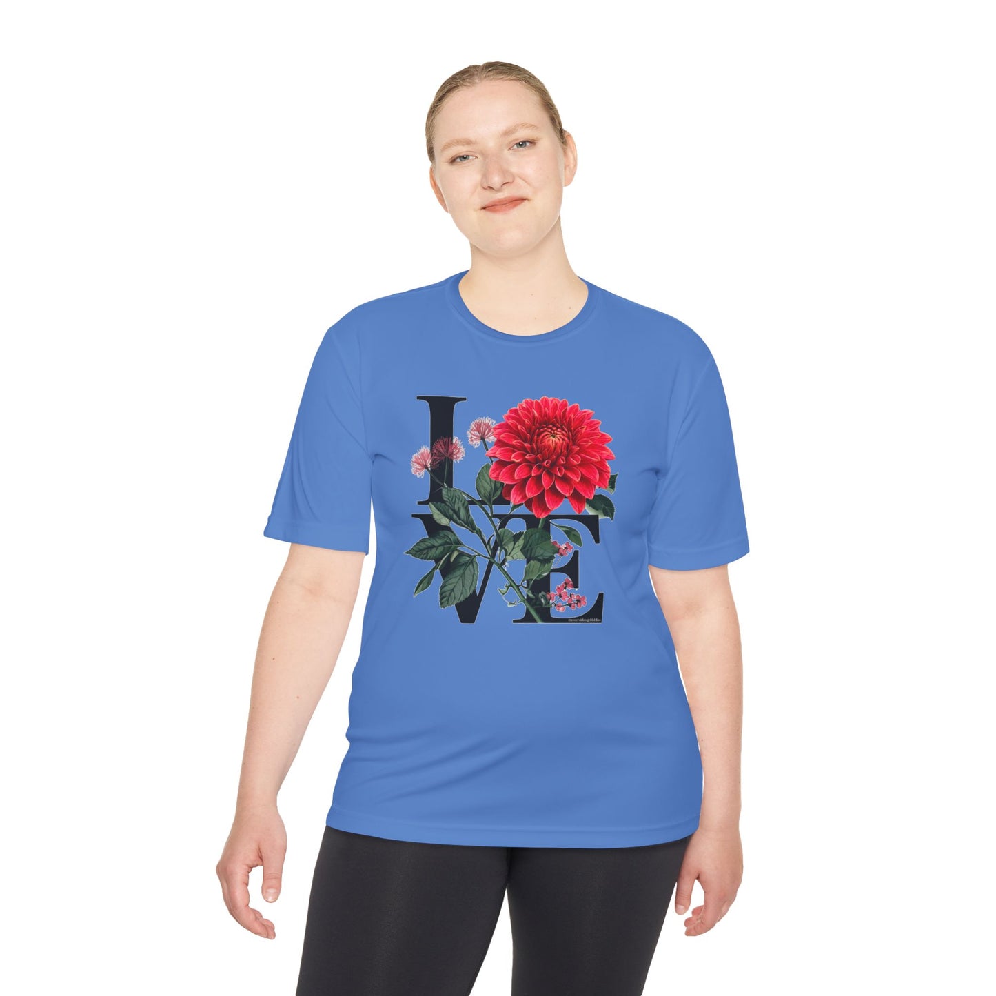 Loves Blossom Dahlia Big Red Bloom on Unisex Sportek Moisture Wicking Polyester Tee