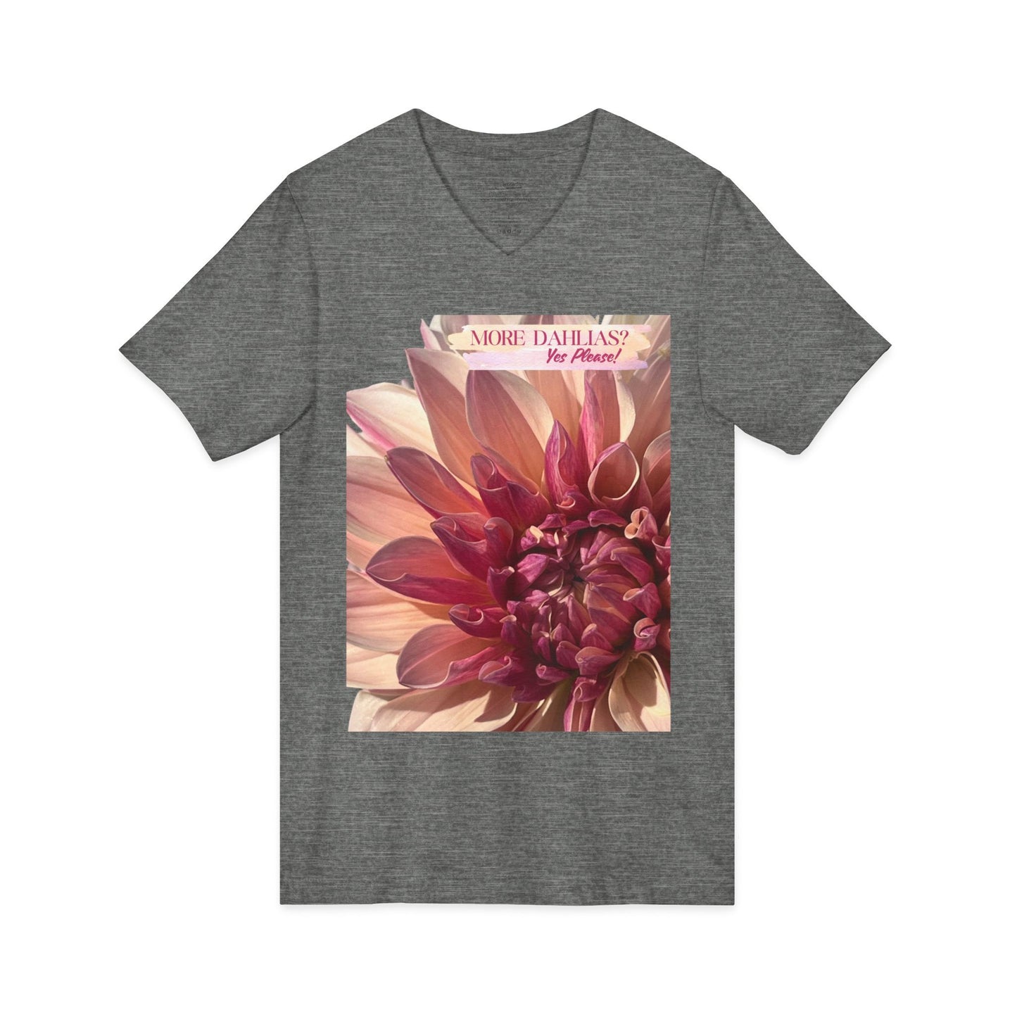 More Dahlias? Yes Please! Asymmetrical Shape to Design V-Neck Tee With Pink Bloom