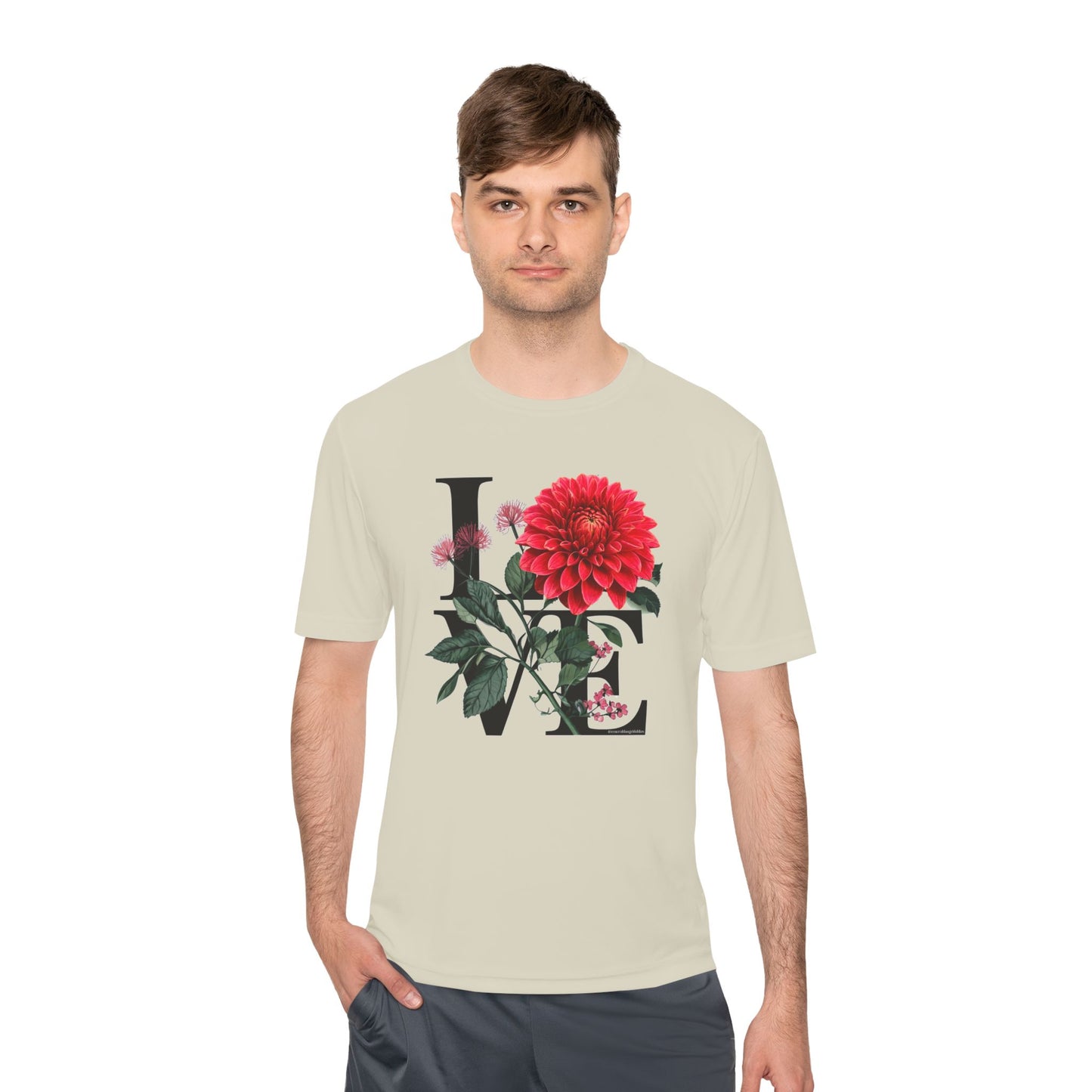 Loves Blossom Dahlia Big Red Bloom on Unisex Sportek Moisture Wicking Polyester Tee