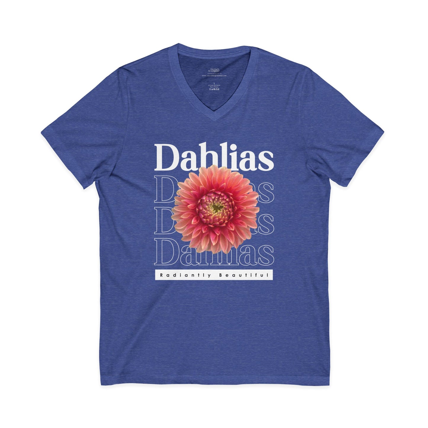 Dahlias Radiantly Beautiful Unisex Jersey Short Sleeve V-Neck Tee San Serif Script Style Peach Bloom