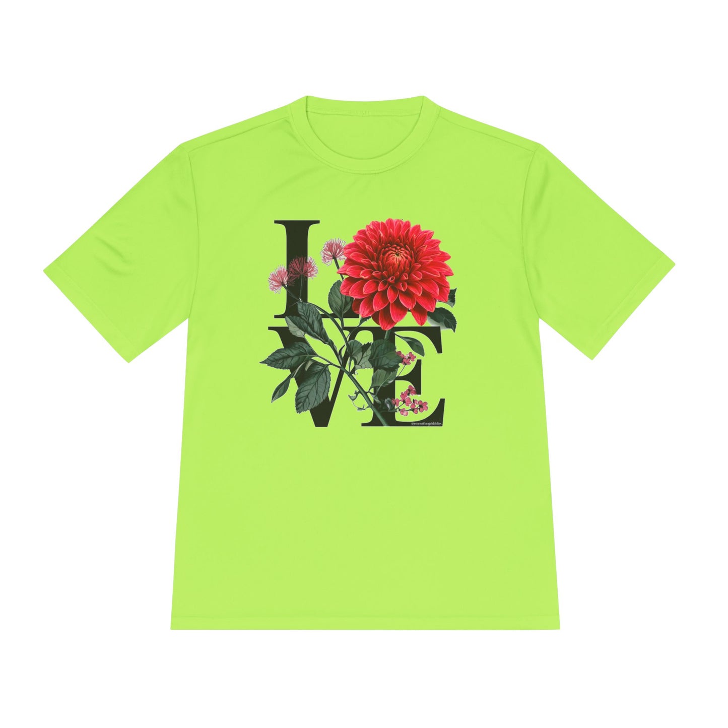 Loves Blossom Dahlia Big Red Bloom on Unisex Sportek Moisture Wicking Polyester Tee