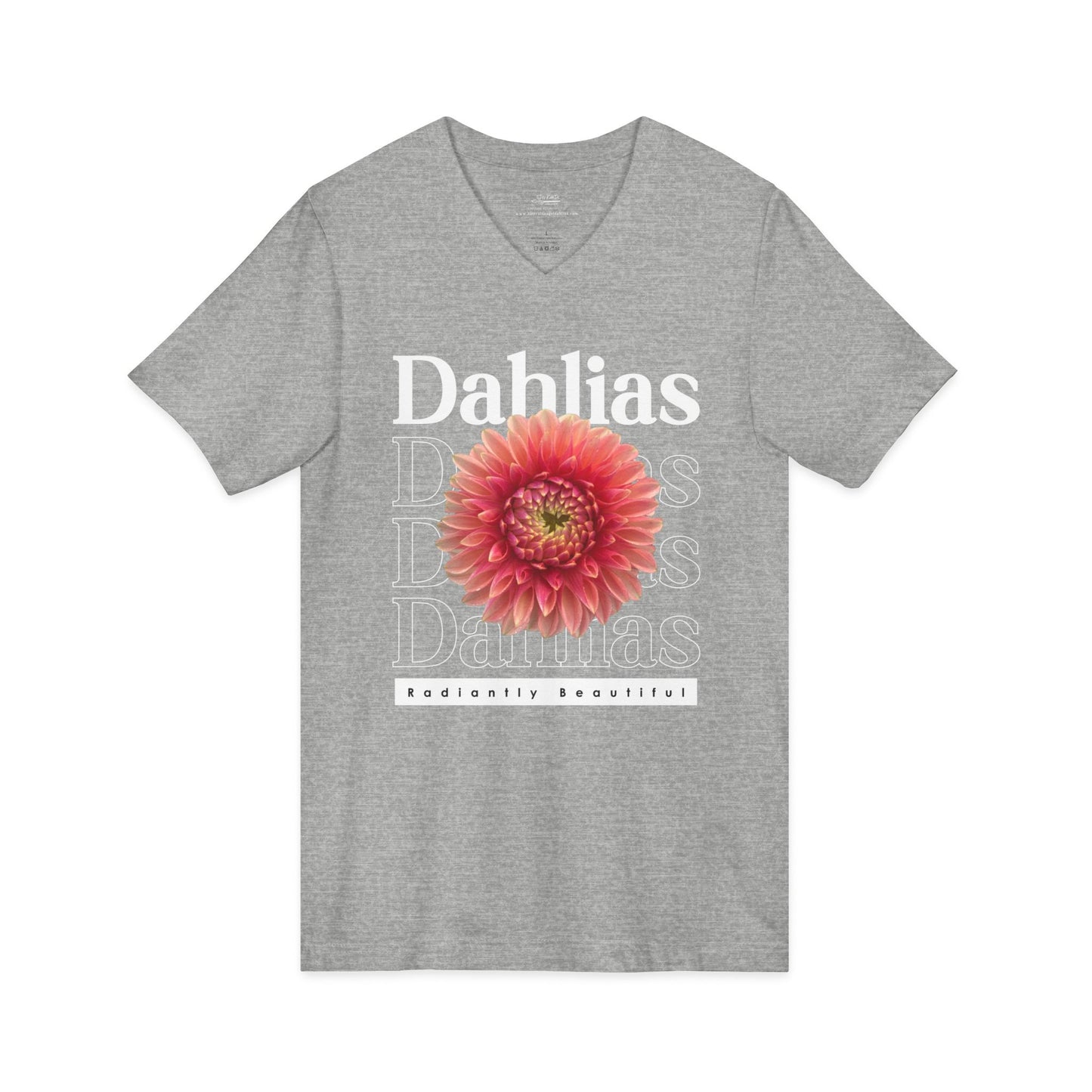 Dahlias Radiantly Beautiful Unisex Jersey Short Sleeve V-Neck Tee San Serif Script Style Peach Bloom