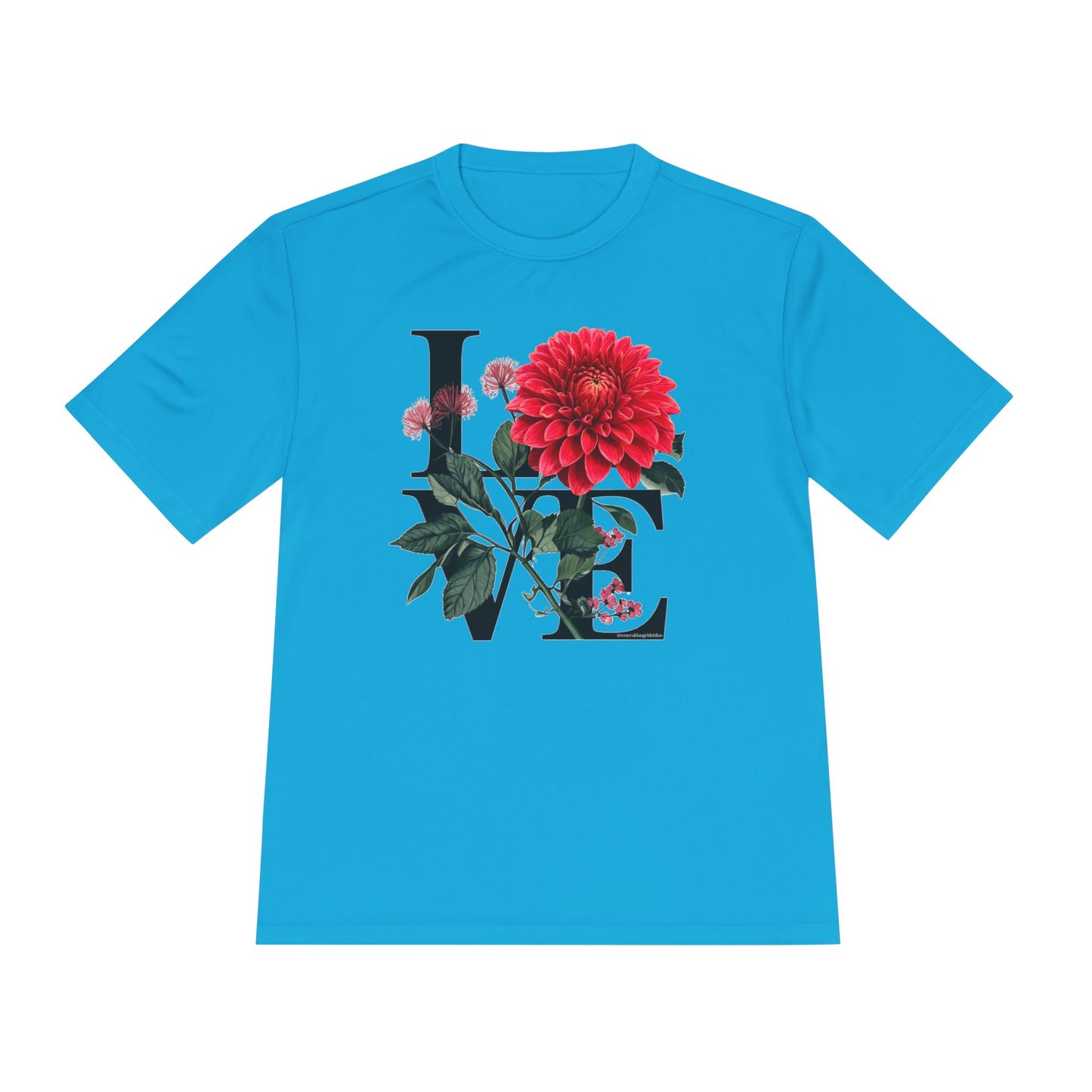 Loves Blossom Dahlia Big Red Bloom on Unisex Sportek Moisture Wicking Polyester Tee