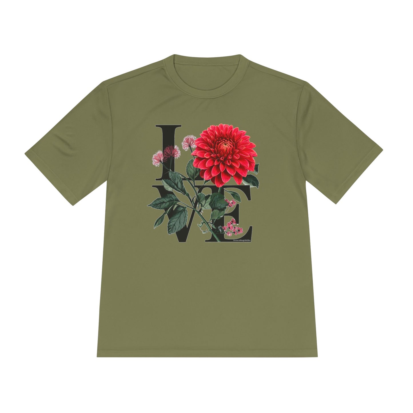 Loves Blossom Dahlia Big Red Bloom on Unisex Sportek Moisture Wicking Polyester Tee
