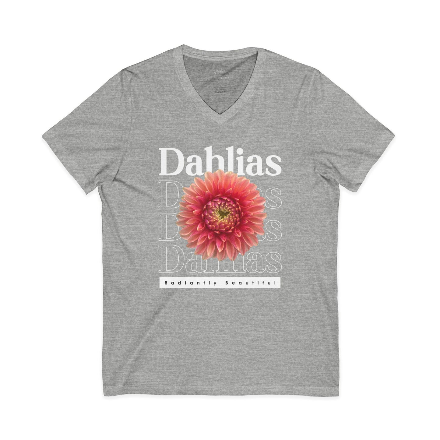 Dahlias Radiantly Beautiful Unisex Jersey Short Sleeve V-Neck Tee San Serif Script Style Peach Bloom