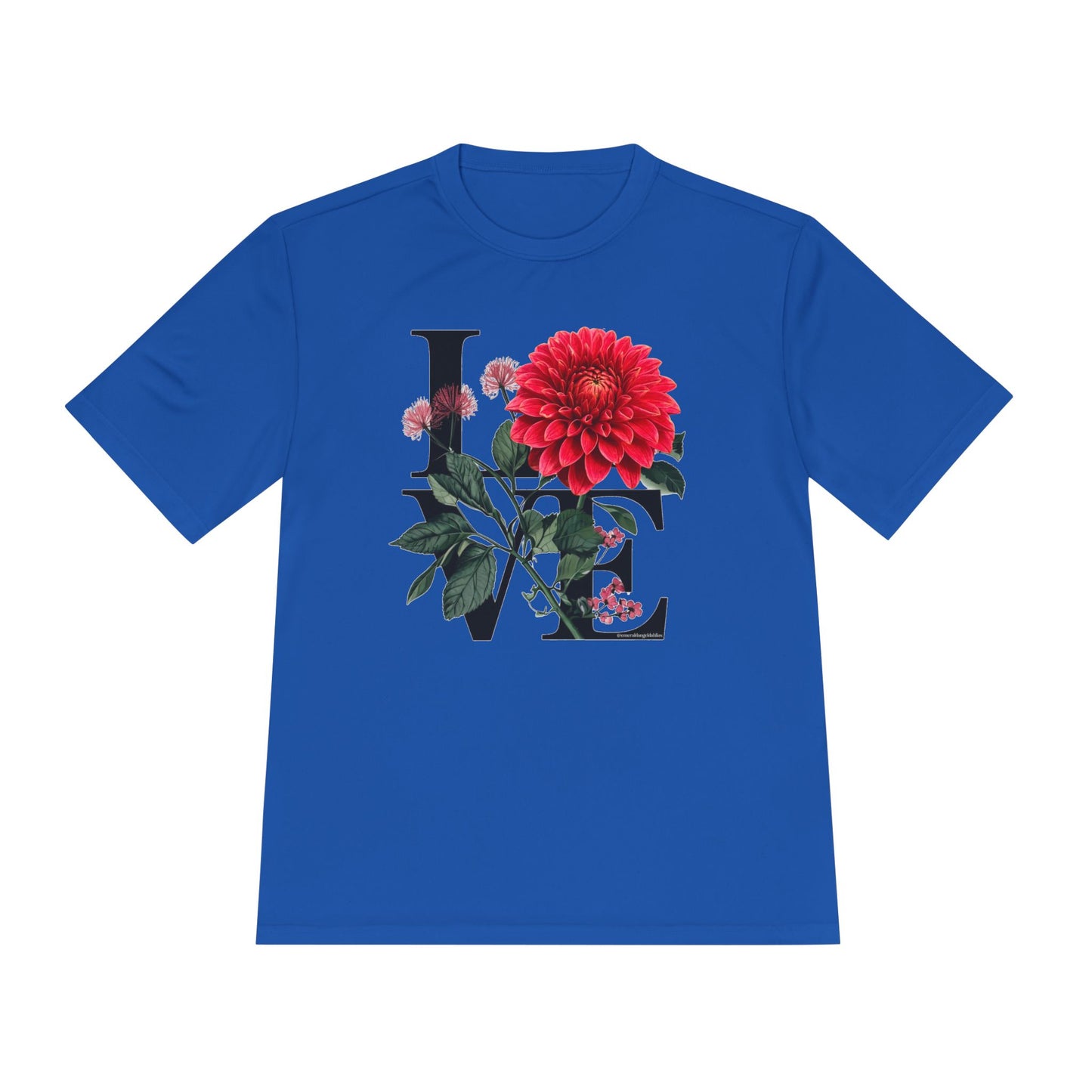 Loves Blossom Dahlia Big Red Bloom on Unisex Sportek Moisture Wicking Polyester Tee