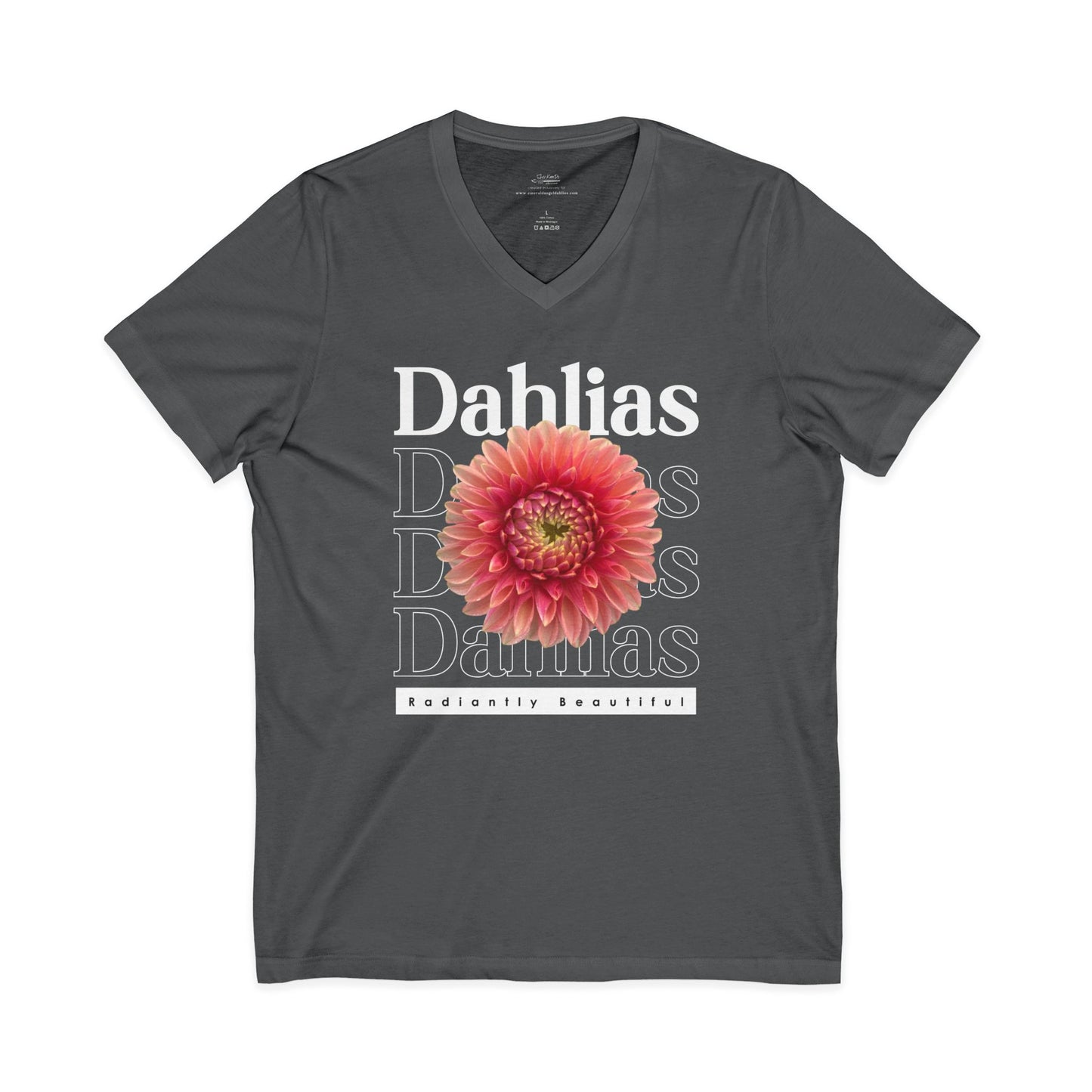 Dahlias Radiantly Beautiful Unisex Jersey Short Sleeve V-Neck Tee San Serif Script Style Peach Bloom