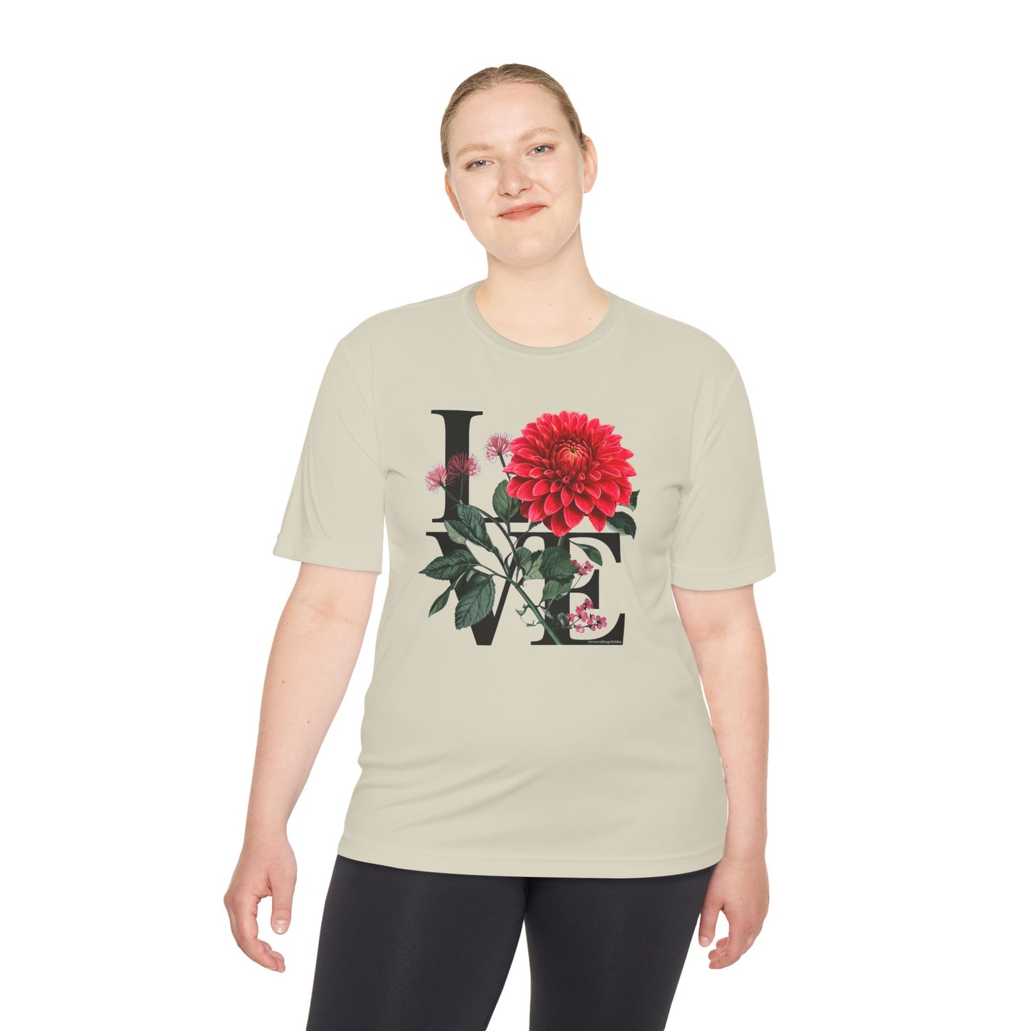 Loves Blossom Dahlia Big Red Bloom on Unisex Sportek Moisture Wicking Polyester Tee