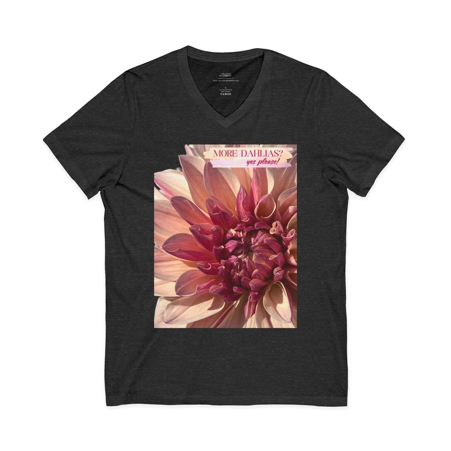 More Dahlias? Yes Please! Asymmetrical Shape to Design V-Neck Tee With Pink Bloom