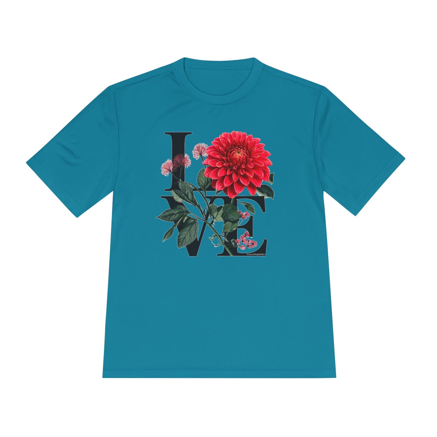 Loves Blossom Dahlia Big Red Bloom on Unisex Sportek Moisture Wicking Polyester Tee
