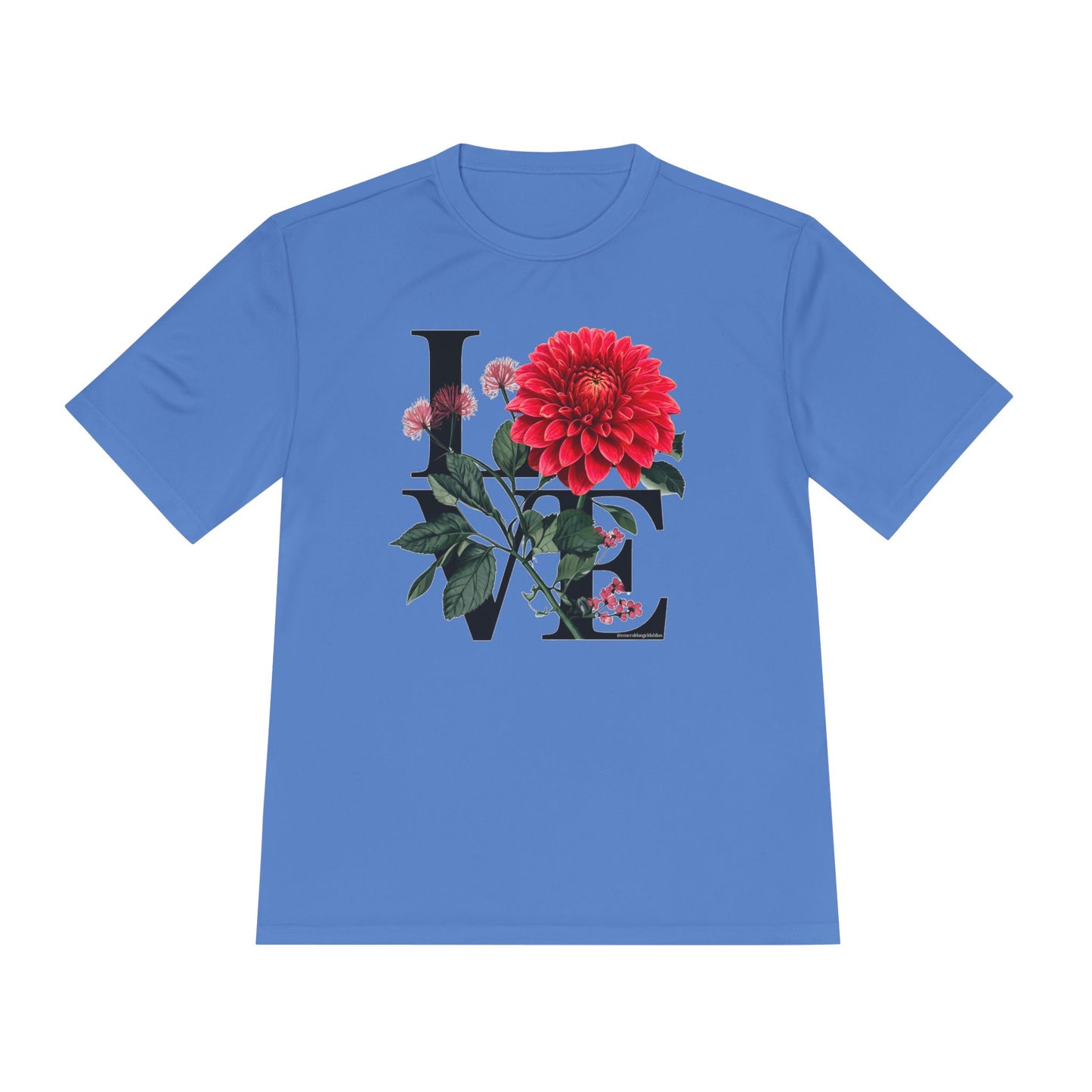 Loves Blossom Dahlia Big Red Bloom on Unisex Sportek Moisture Wicking Polyester Tee