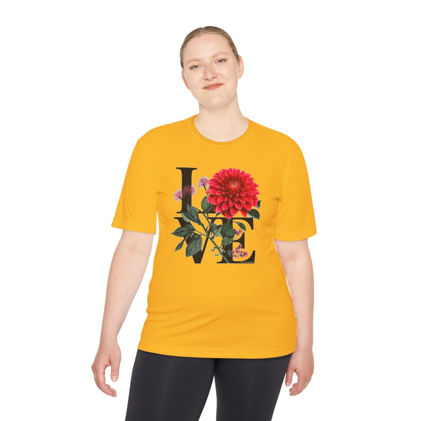 Loves Blossom Dahlia Big Red Bloom on Unisex Sportek Moisture Wicking Polyester Tee