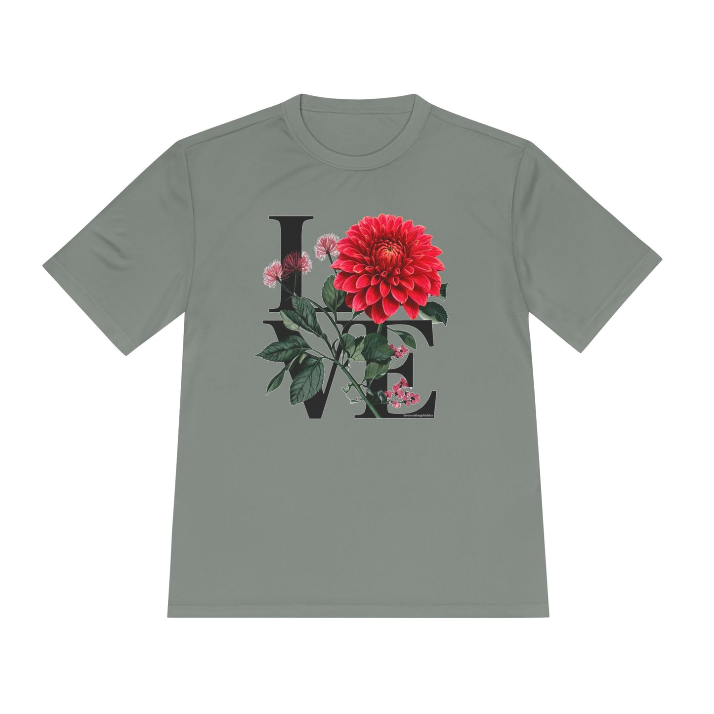 Loves Blossom Dahlia Big Red Bloom on Unisex Sportek Moisture Wicking Polyester Tee