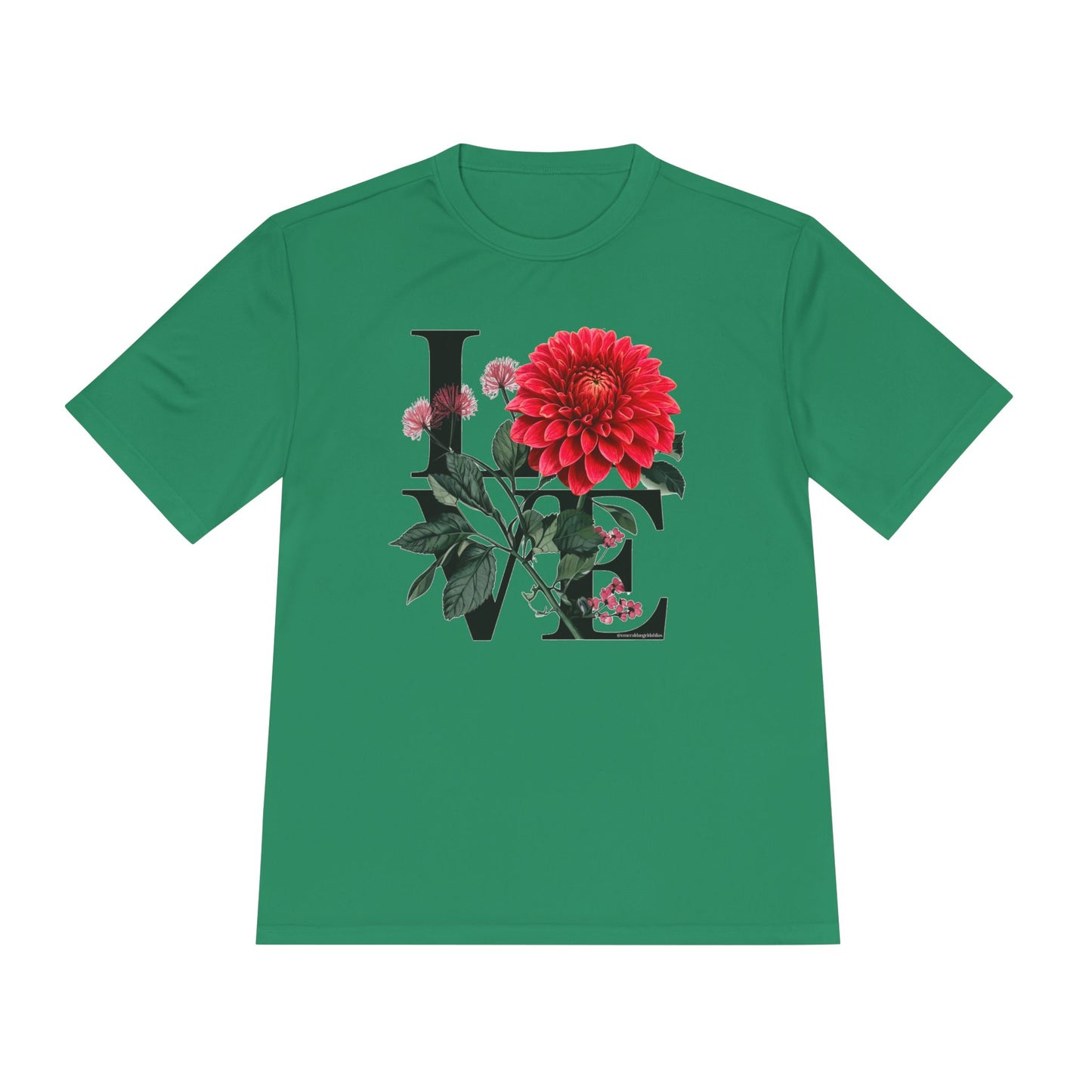 Loves Blossom Dahlia Big Red Bloom on Unisex Sportek Moisture Wicking Polyester Tee